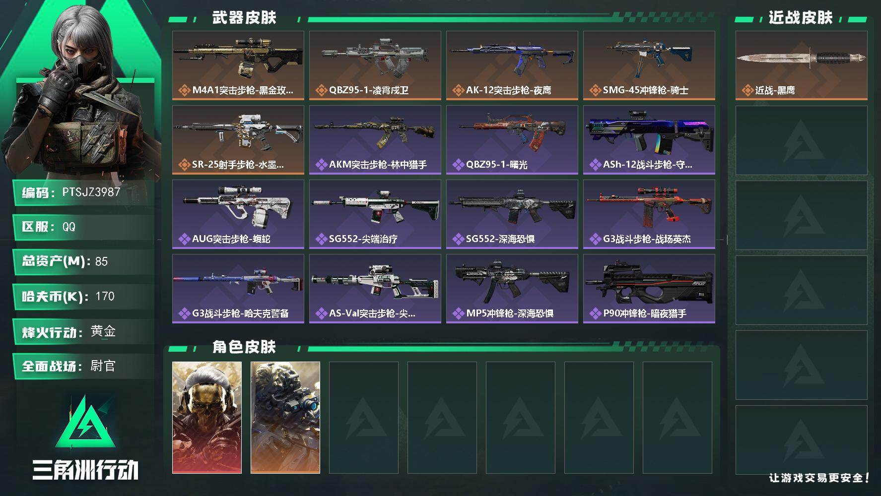 三角洲行动账号QQ【PTSJZ3987】总资产(M)：85M/哈夫币(K)：170K/哈夫币(K)：170K/传说枪皮