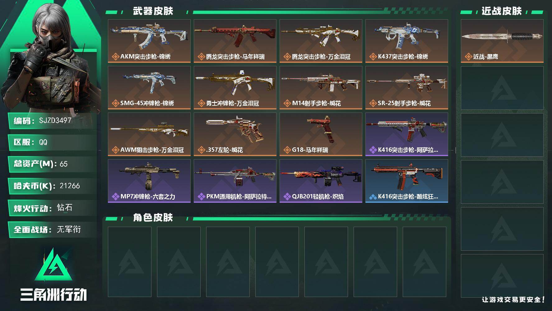 三角洲行动账号QQ【SJZD3497】总资产(M)：65M/哈夫币(K)：21266K/哈夫币(K)：21266K/传说枪皮数：11/全面战场等级：5_段位：无段位/烽火地带等级：32_段位：钻石/近战-黑鹰/AKM