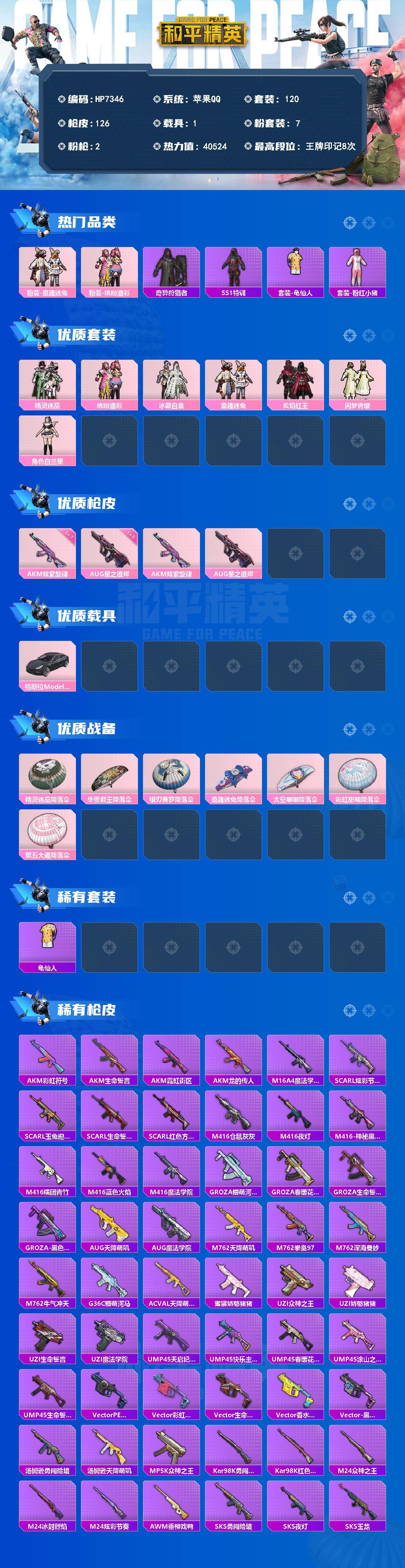 和平精英账号苹果QQ苹果 童趣迷兔/缤纷油彩/奇异狩猎者/SS1特训/龟仙人/粉红小猪/精灵迷巫/缤纷油彩/冰霜白皇/童趣迷兔/炙焰红王/闲梦青缨/角色白兰星/AKM炫紫旋律(七级)/AUG星之彼岸(五级)特斯拉Mode