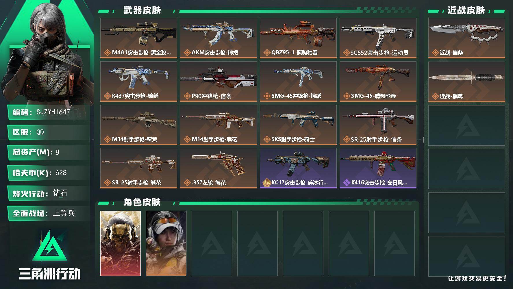 三角洲行动账号QQ【SJZYH1647】总资产(M)：8M/哈夫币(K)：628K/哈夫币(K)：628K/传说枪皮数：14/全面战场等级：32_段位：上等兵/烽火地带等级：60_段位：钻石/红狼-蚀金玫瑰/露娜-金