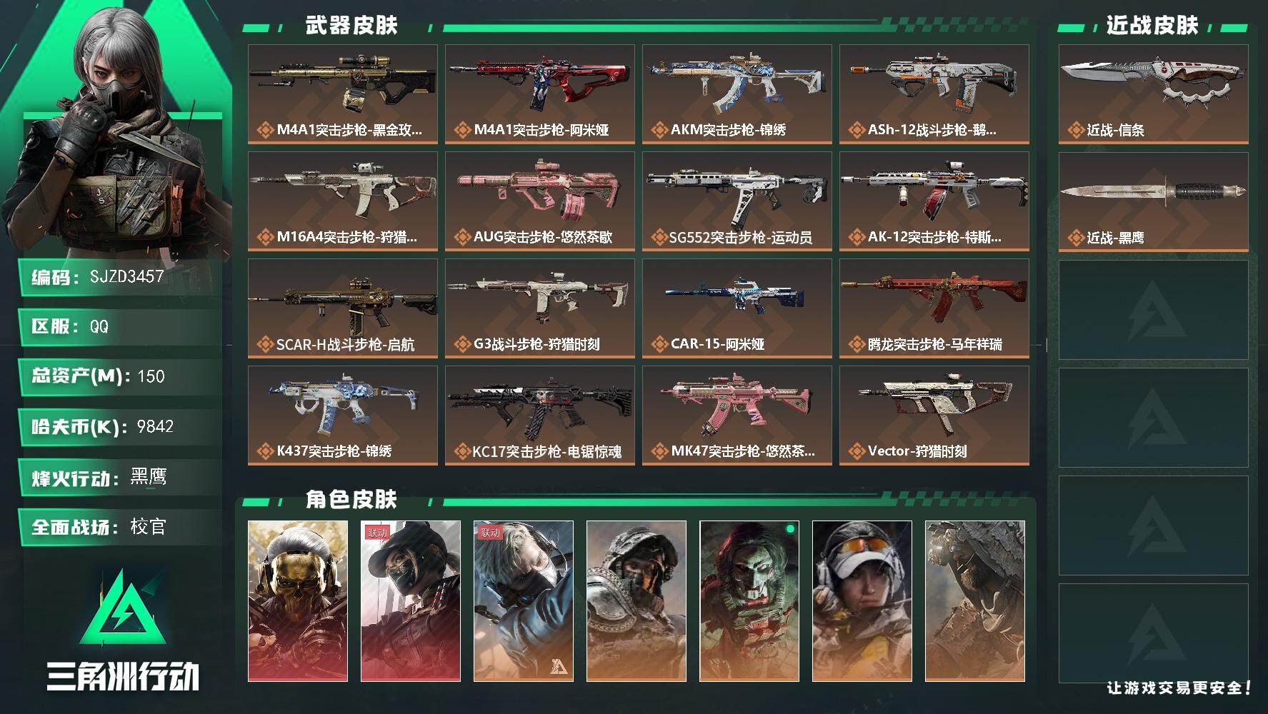 三角洲行动账号QQ【SJZD3457】总资产(M)：150M/哈夫币(K)：9842K/哈夫币(K)：9842K/传说枪皮数：33/全面战场等级：50_段位：校官/烽火地带等级：60_段位：黑鹰/红狼-蚀金玫瑰/露娜