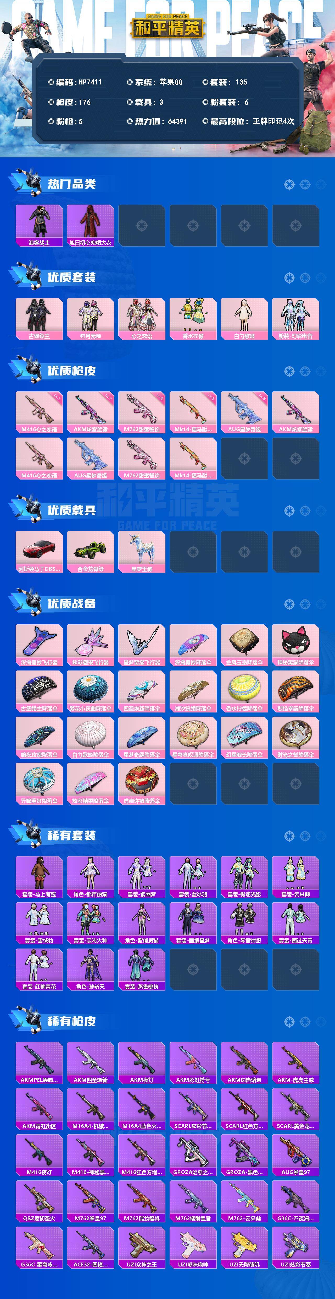 和平精英账号苹果QQ公主号-浪客战士/旭日初心兜帽大衣/古堡领主/狩月元帅/心之恋语/香水柠檬/白勺歌姬/幻彩电音/AK