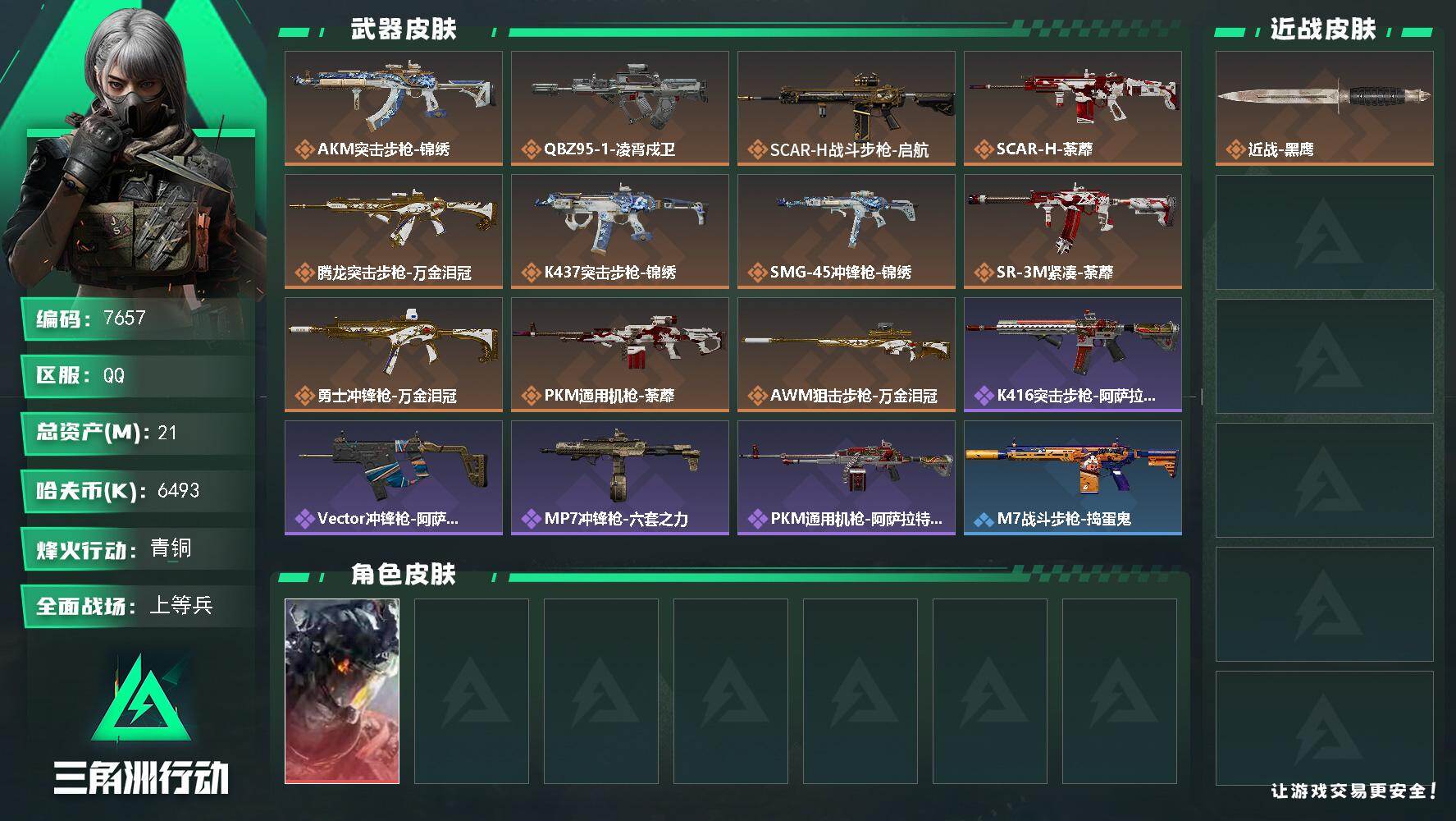 三角洲行动账号QQ总资产(M)：21M/哈夫币(K)：6493K/哈夫币(K)：6493K/传说枪皮数：11/全面战场等级：15_段位：上等兵/烽火地带等级：28_段位：青铜/威龙-凌霄戍卫/近战-黑鹰/AKM突击步枪