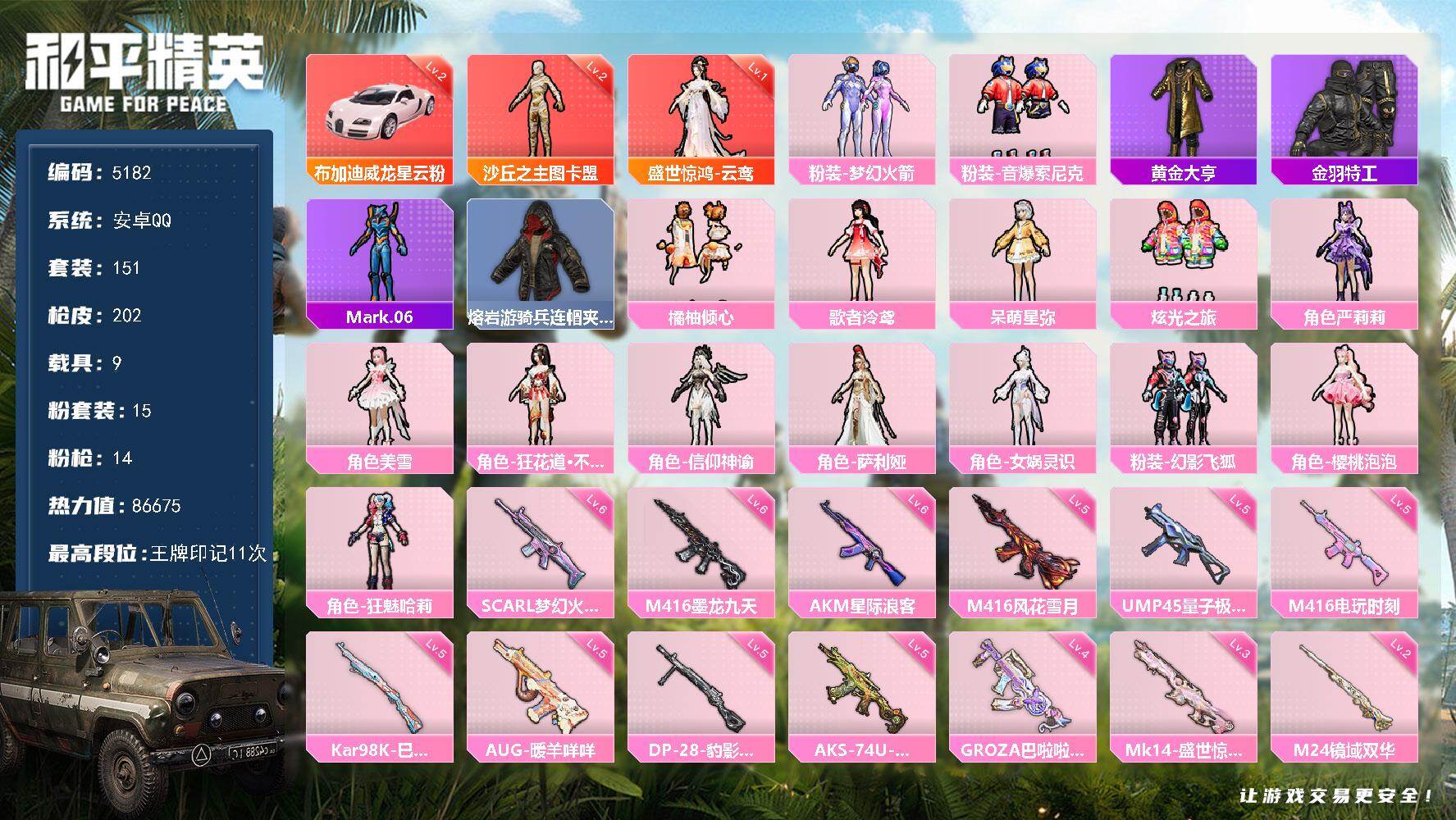 和平精英账号安卓QQ151套装/枪械14/装备334/载具9/战备133/王牌印记11/热力值86675/六级AKM-星