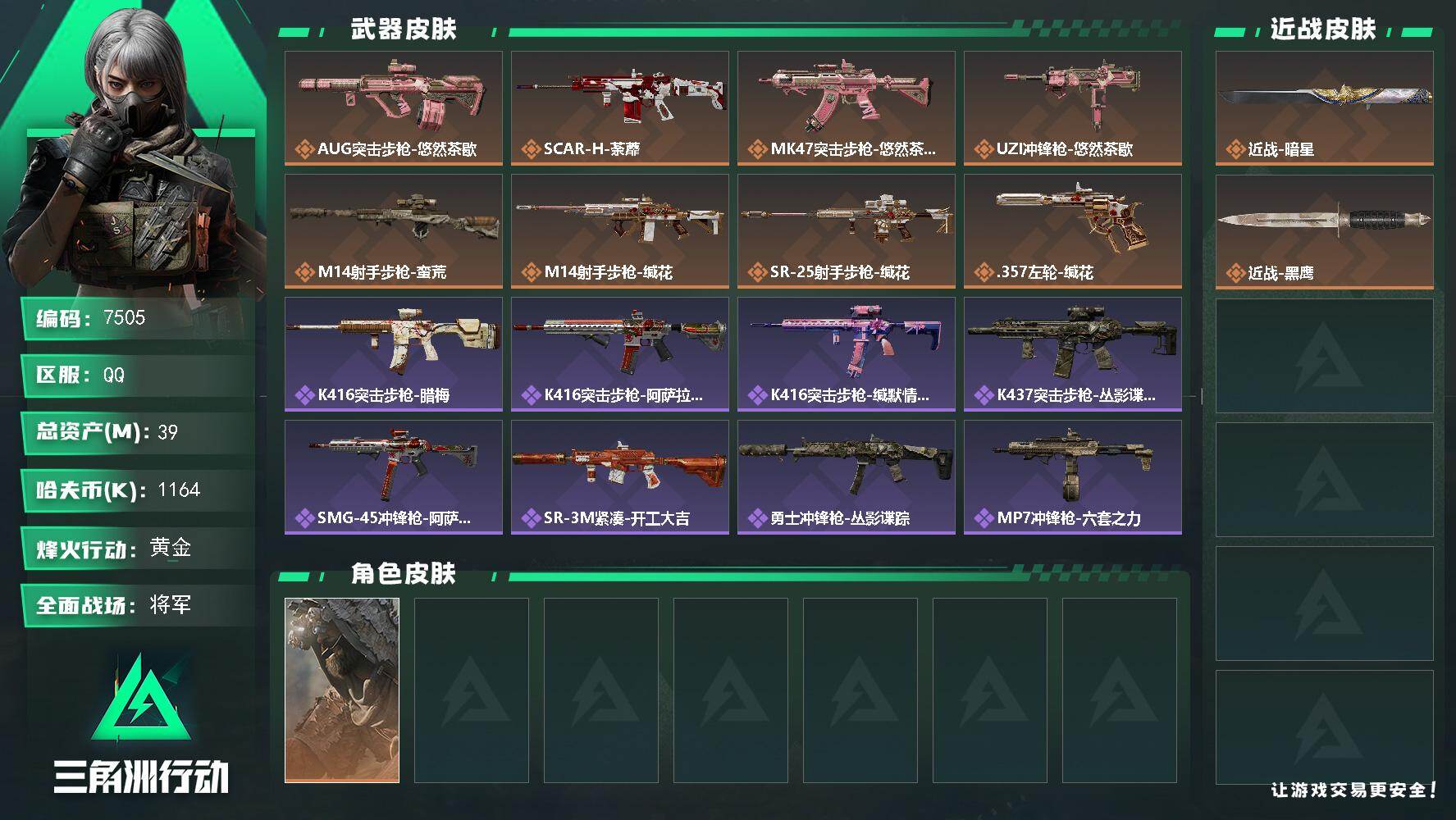 三角洲行动账号QQ总资产(M)：39M/哈夫币(K)：1164K/哈夫币(K)：1164K/传说枪皮数：8/全面战场等级：43_段位：将军/烽火地带等级：60_段位：黄金/乌鲁鲁-荒原猎手/近战-暗星/近战-黑鹰/AU