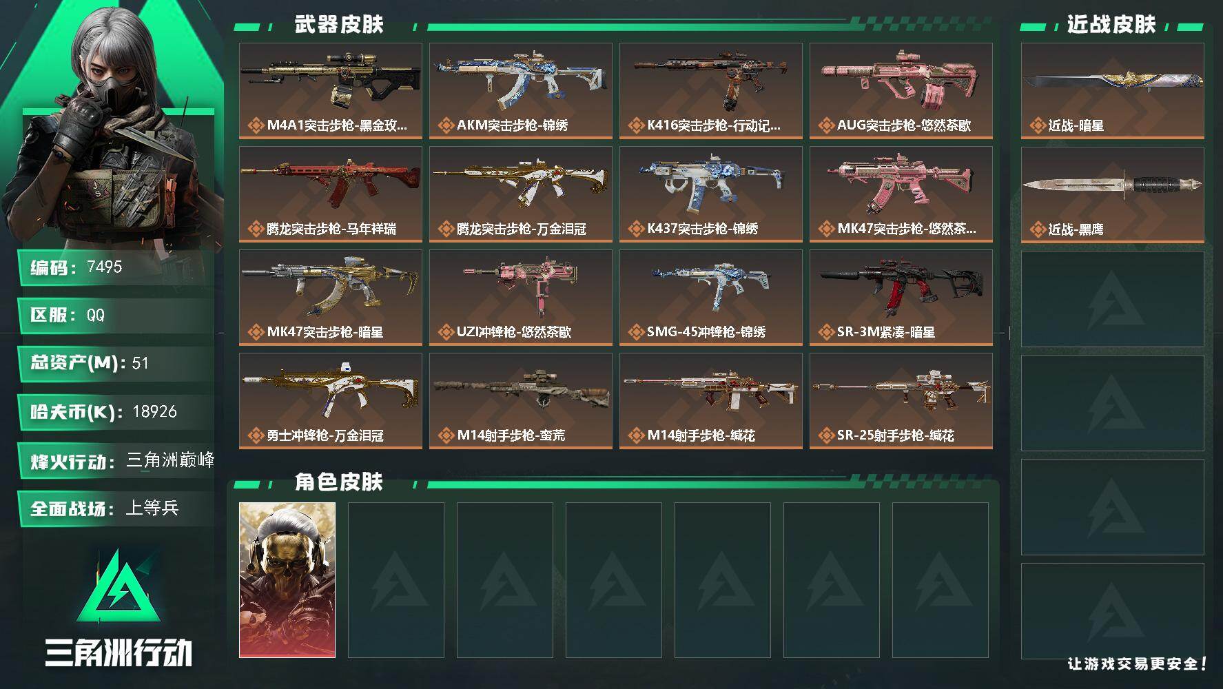 三角洲行动账号QQ总资产(M)：51M/哈夫币(K)：18926K/哈夫币(K)：18926K/传说枪皮数：19/全面战场等级：18_段位：上等兵/烽火地带等级：58_段位：三角洲巅峰/红狼-蚀金玫瑰/近战-暗星/近战