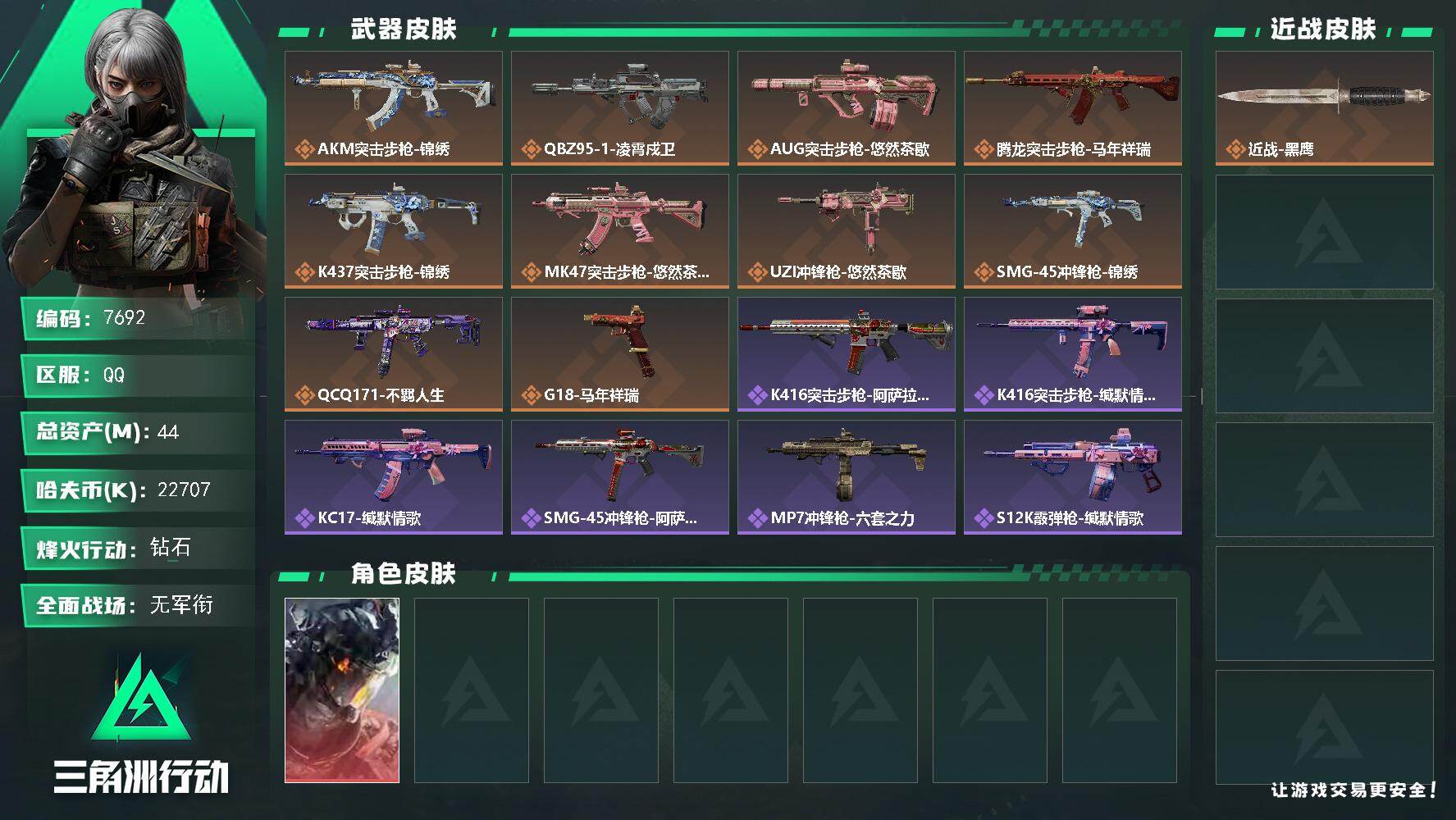 三角洲行动账号QQ总资产(M)：44M/哈夫币(K)：22707K/哈夫币(K)：22707K/传说枪皮数：10/全面战场等级：1_段位：无段位/烽火地带等级：40_段位：钻石/威龙-凌霄戍卫/近战-黑鹰/AKM突击步