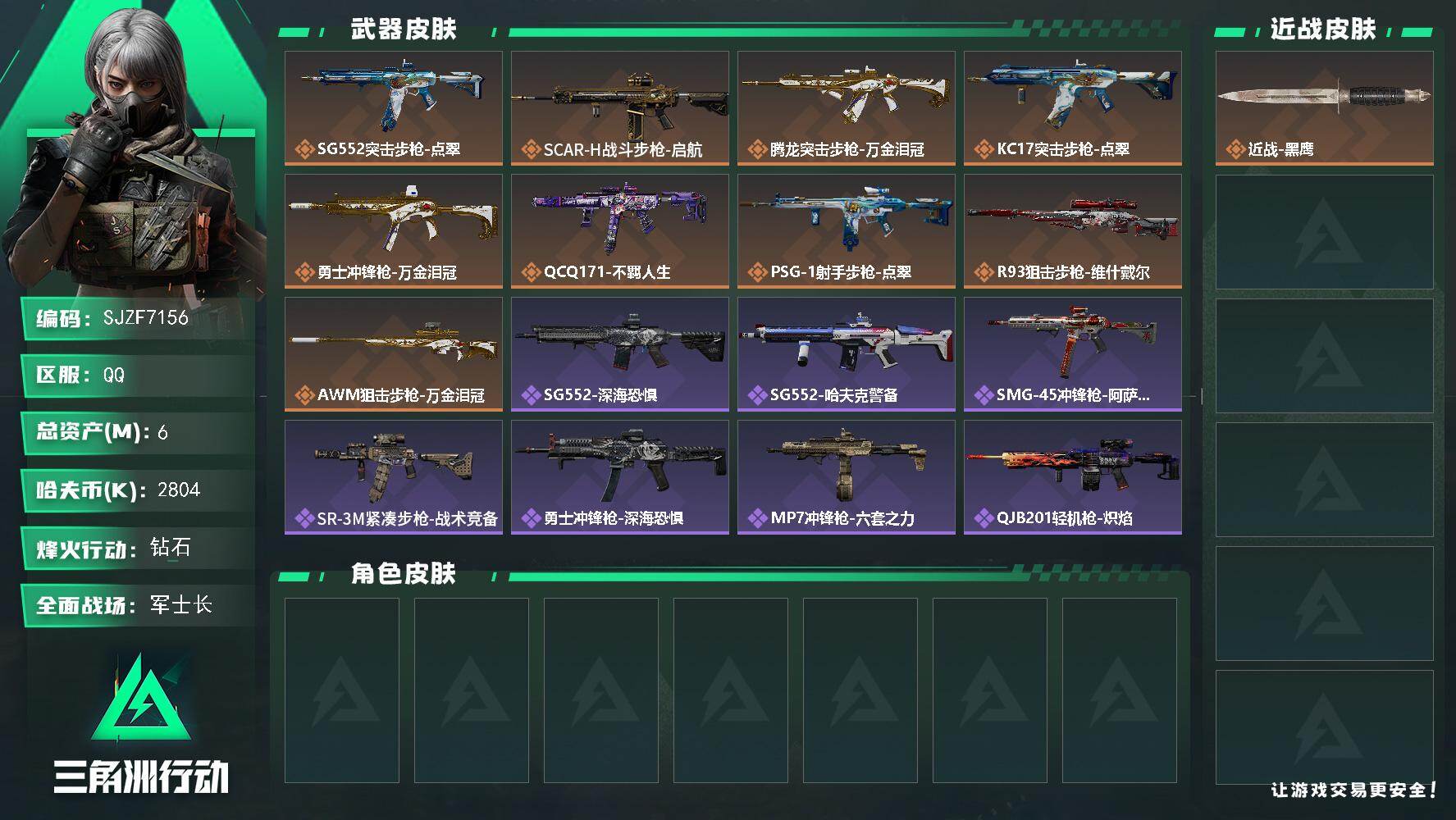 三角洲行动账号QQ【SJZF7156】总资产(M)：6M/哈夫币(K)：2804K/哈夫币(K)：2804K/传说枪皮数：9/全面战场等级：33_段位：军士长/烽火地带等级：40_段位：钻石/近战-黑鹰/SG552突