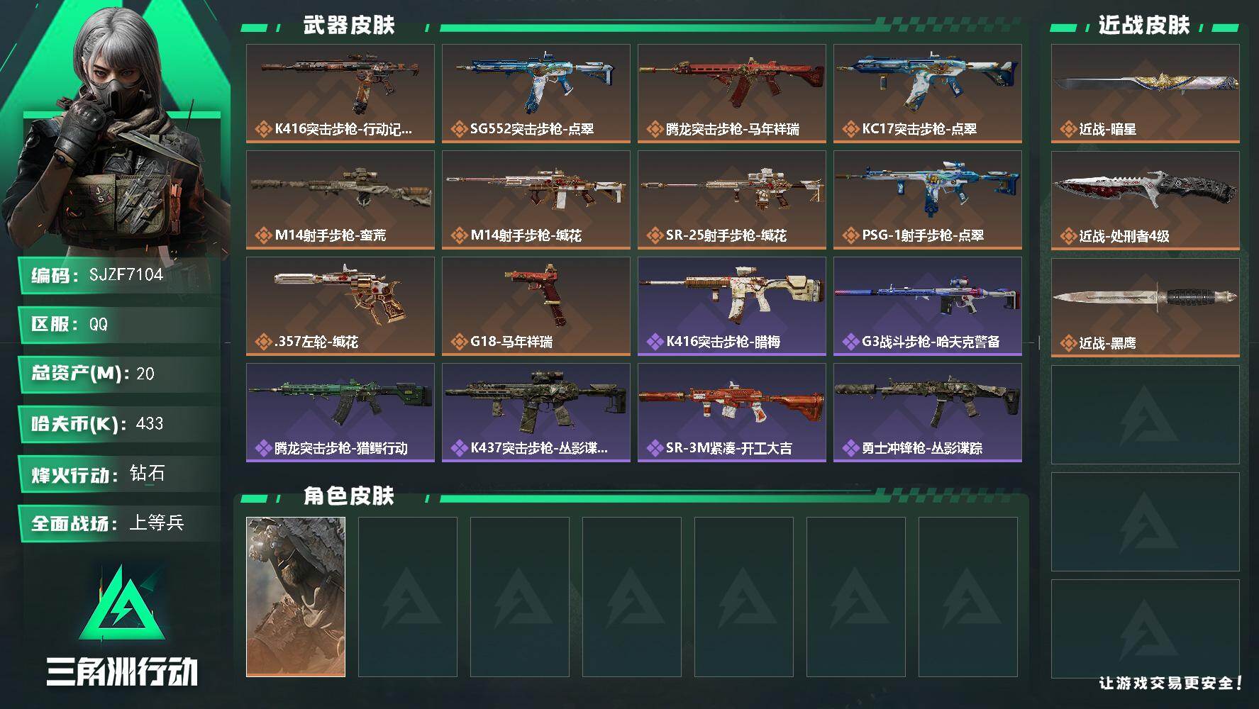 三角洲行动账号QQ【SJZF7104】总资产(M)：20M/哈夫币(K)：433K/哈夫币(K)：433K/传说枪皮数