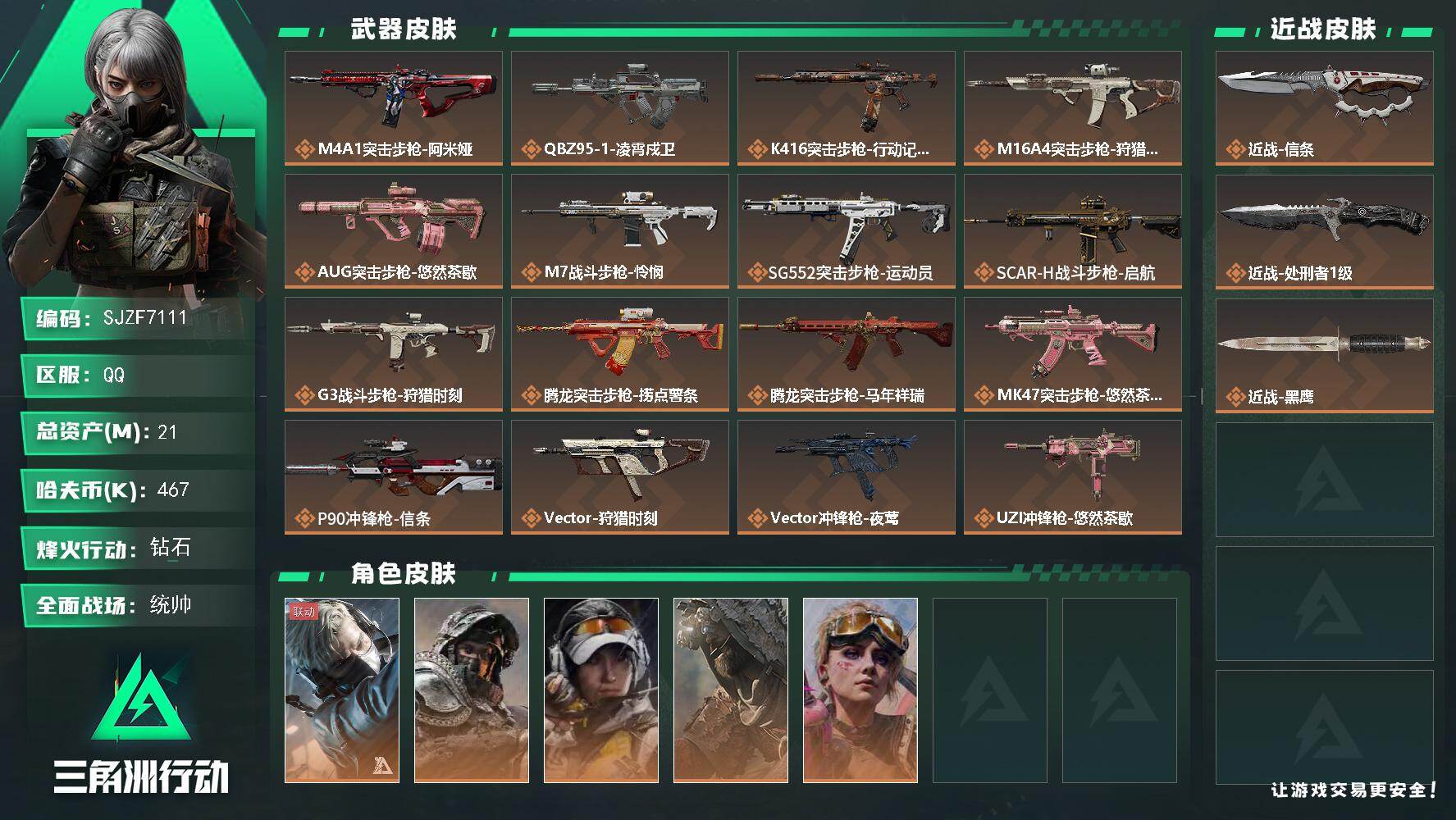 三角洲行动账号QQ【SJZF7111】总资产(M)：21M/哈夫币(K)：467K/哈夫币(K)：467K/传说枪皮数