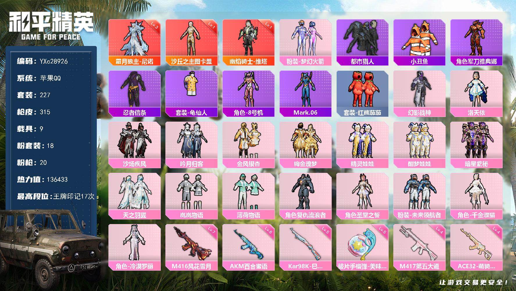 和平精英账号苹果QQ【3级尼诺 维塔 图卡盟 都市 新101 5把计数枪 番茄 星星裤 满地铁天赋】YXc28926-【