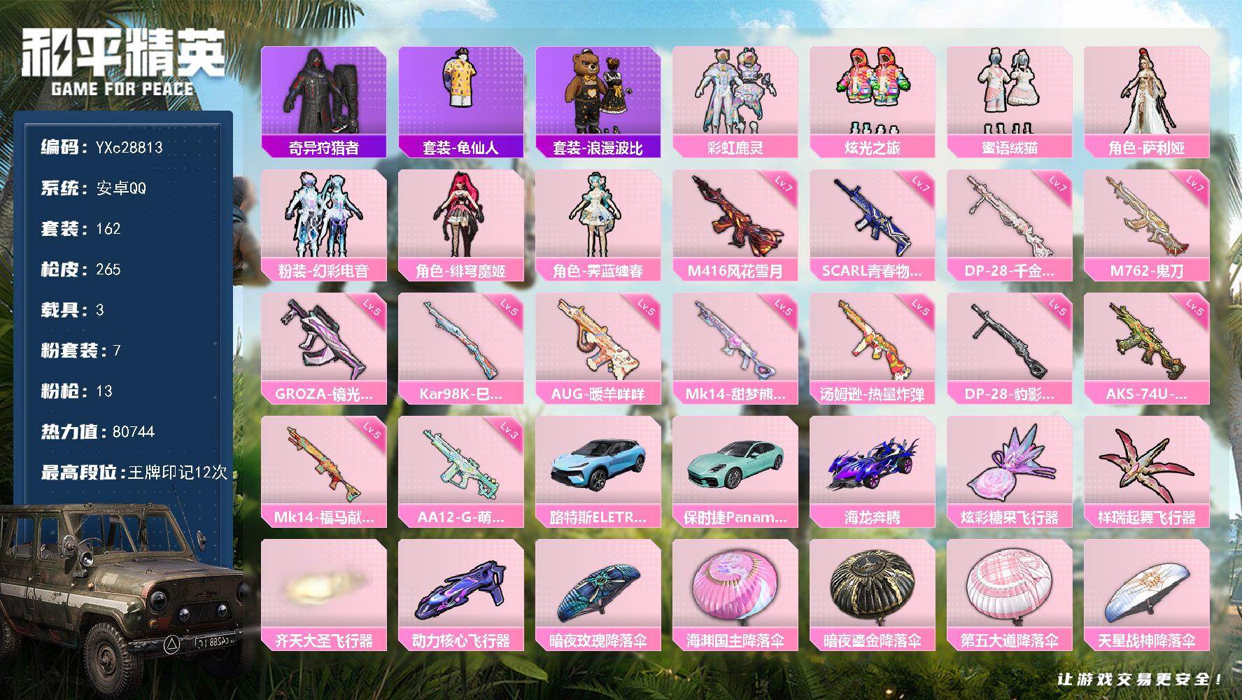 和平精英账号安卓QQ【满地铁天赋】YXc28813-【无二次协助处理】【因赛季更新游戏段付以上号为准!】
 安卓Q-1稀