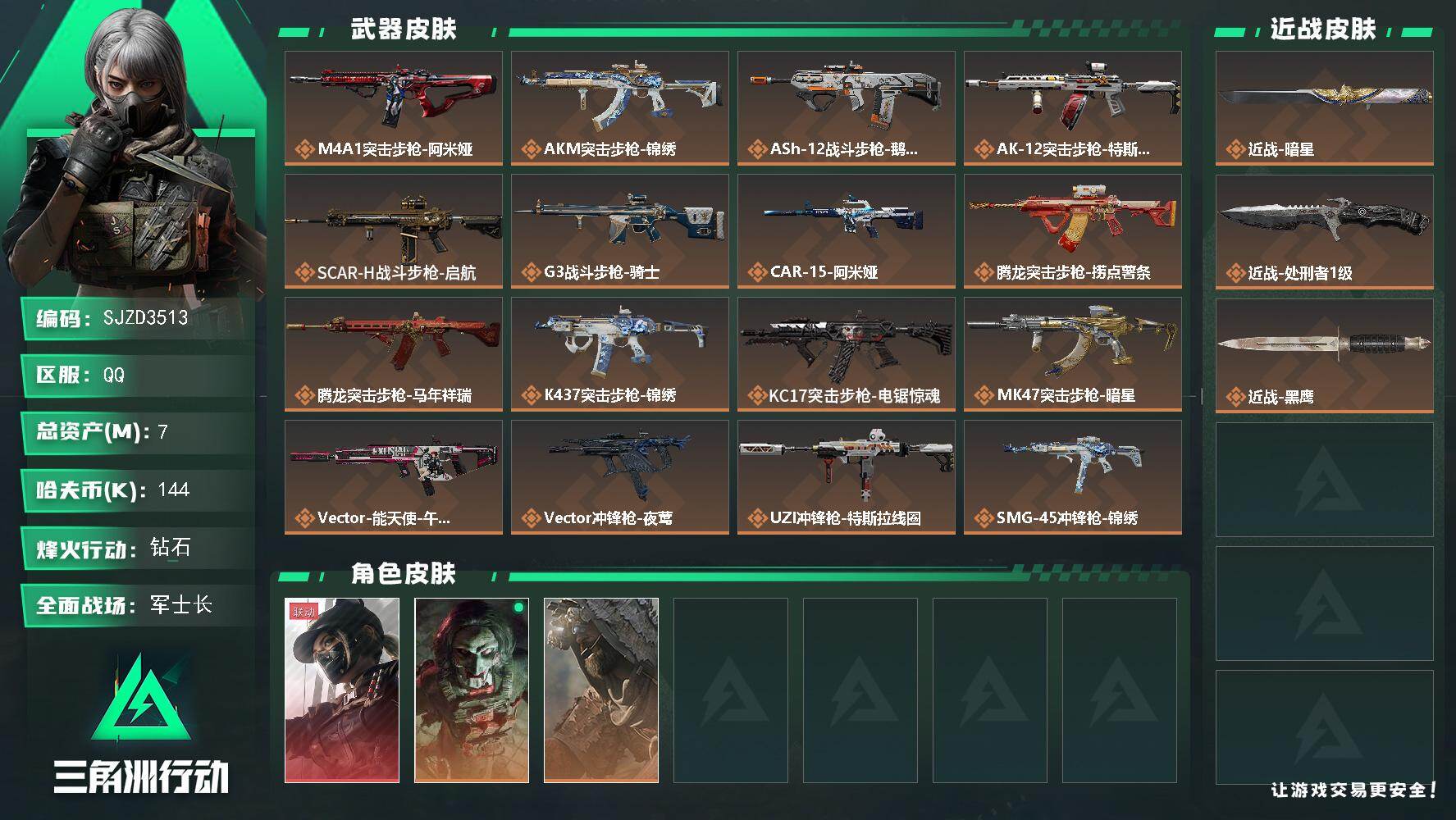 三角洲行动账号QQ账号(互通)【SJZD3513】总资产(M)：7M/哈夫币(K)：144K/哈夫币(K)：144K/传说枪皮数：33/全面战场等级：29_段位：军士长/烽火地带等级：60_段位：钻石/露娜-黑·天际线/红狼-电
