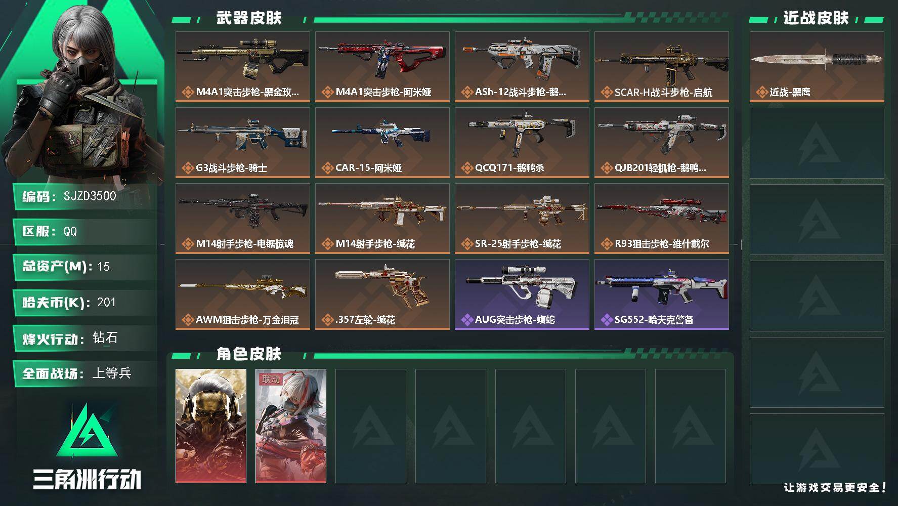 三角洲行动账号QQ【SJZD3500】总资产(M)：15M/哈夫币(K)：201K/哈夫币(K)：201K/传说枪皮数：14/全面战场等级：22_段位：上等兵/烽火地带等级：44_段位：钻石/红狼-蚀金玫瑰/骇爪-维