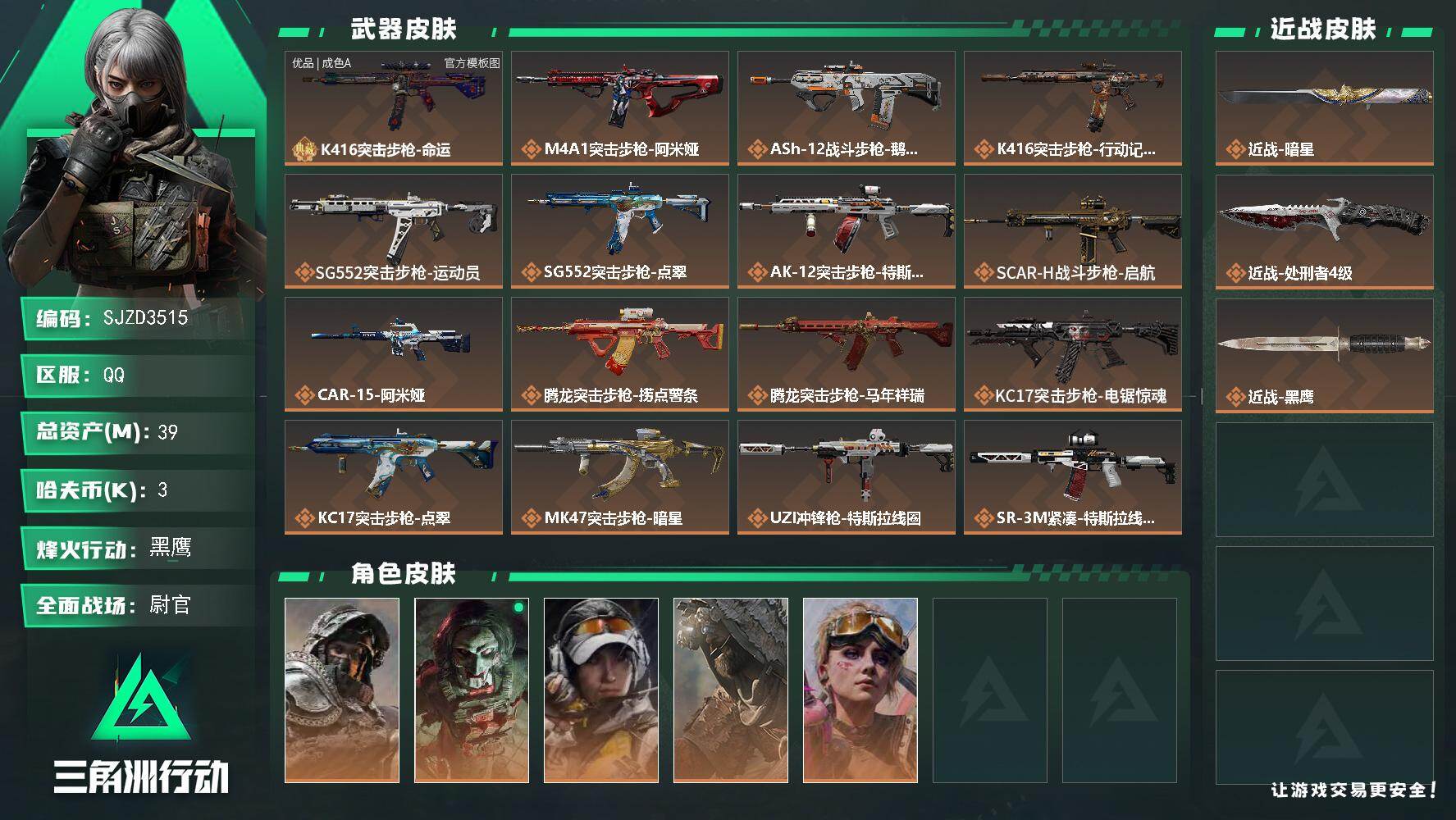 三角洲行动账号QQ【SJZD3515】总资产(M)：39M/哈夫币(K)：3K/哈夫币(K)：3K/传说枪皮数：31/全面战场等级：43_段位：尉官/烽火地带等级：60_段位：黑鹰/深蓝-不破誓约/红狼-电锯惊魂/露