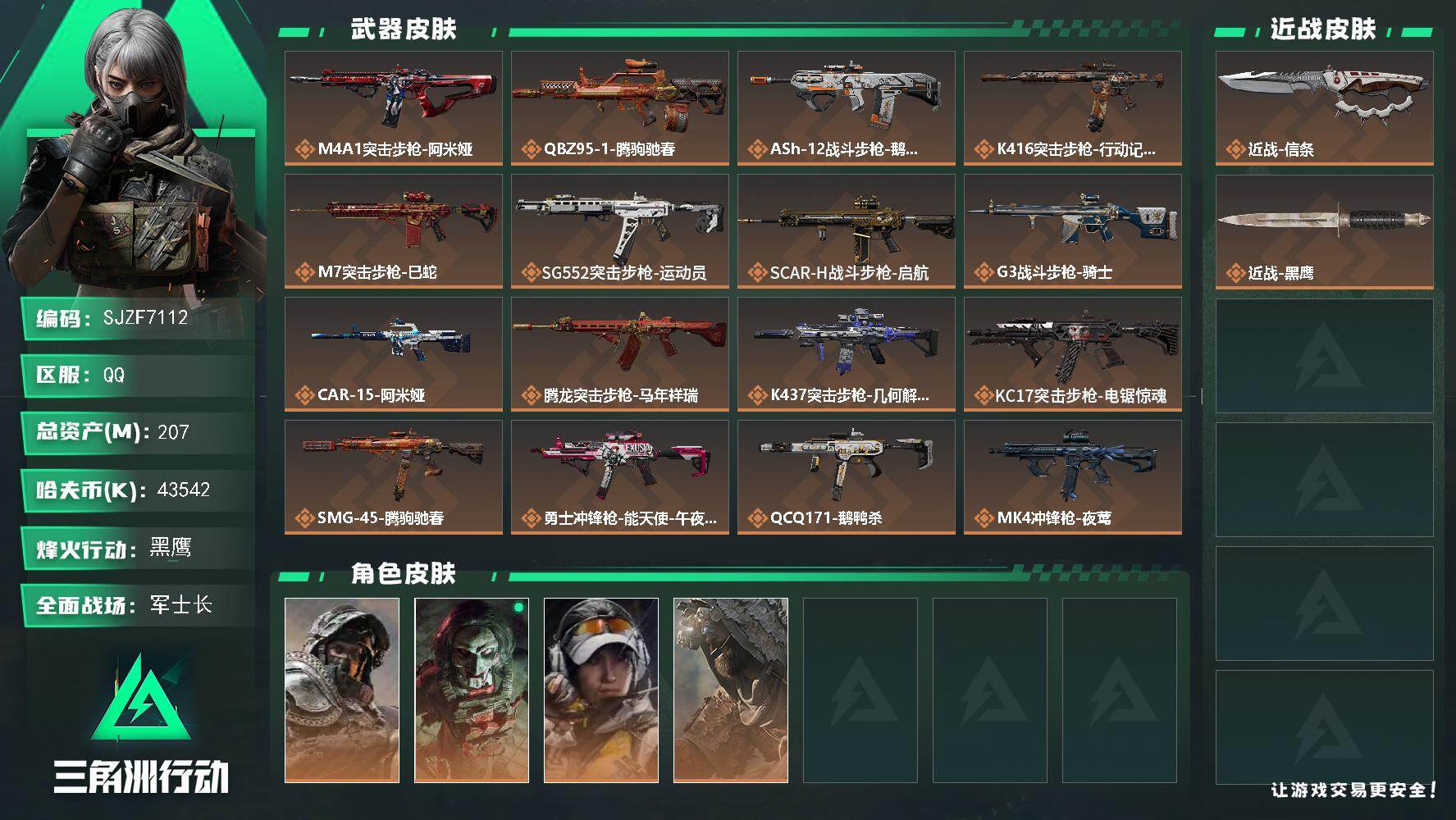 三角洲行动账号QQ【SJZF7112】总资产(M)：207M/哈夫币(K)：43542K/哈夫币(K)：43542K/传说枪皮数：25/全面战场等级：38_段位：军士长/烽火地带等级：60_段位：黑鹰/深蓝-不破誓约