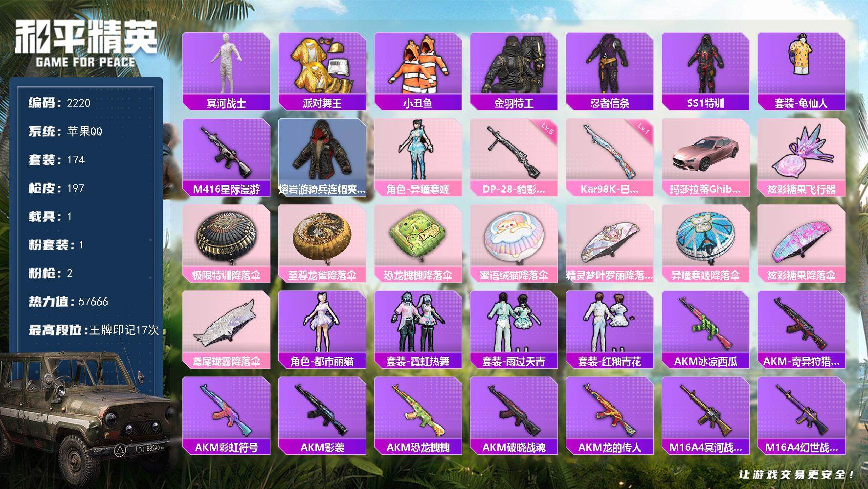 和平精英账号苹果QQ【2220】df苹果 手Q-【木乃伊，小熊背包，粉玛莎，M4星际漫游，金鞋，】1粉装-2特效枪-1载