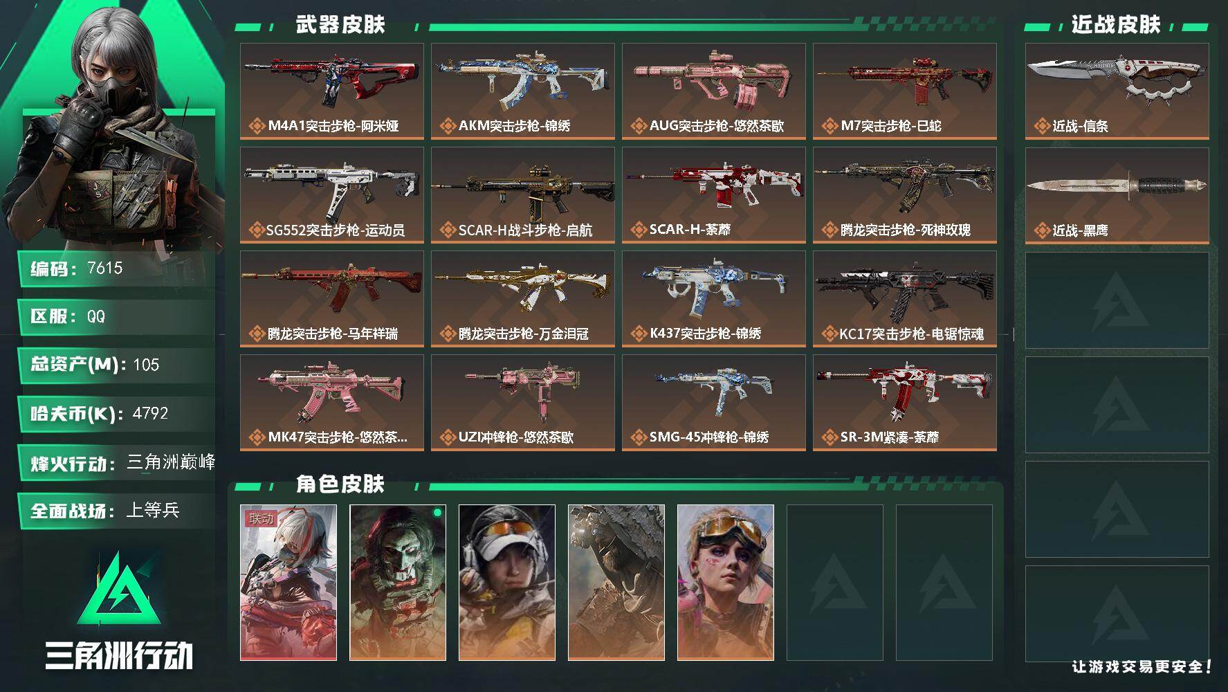 三角洲行动账号QQ总资产(M)：105M/哈夫币(K)：4792K/哈夫币(K)：4792K/传说枪皮数：25/全面战场等级：18_段位：上等兵/烽火地带等级：60_段位：三角洲巅峰/骇爪-维什戴尔/红狼-电锯惊魂/露