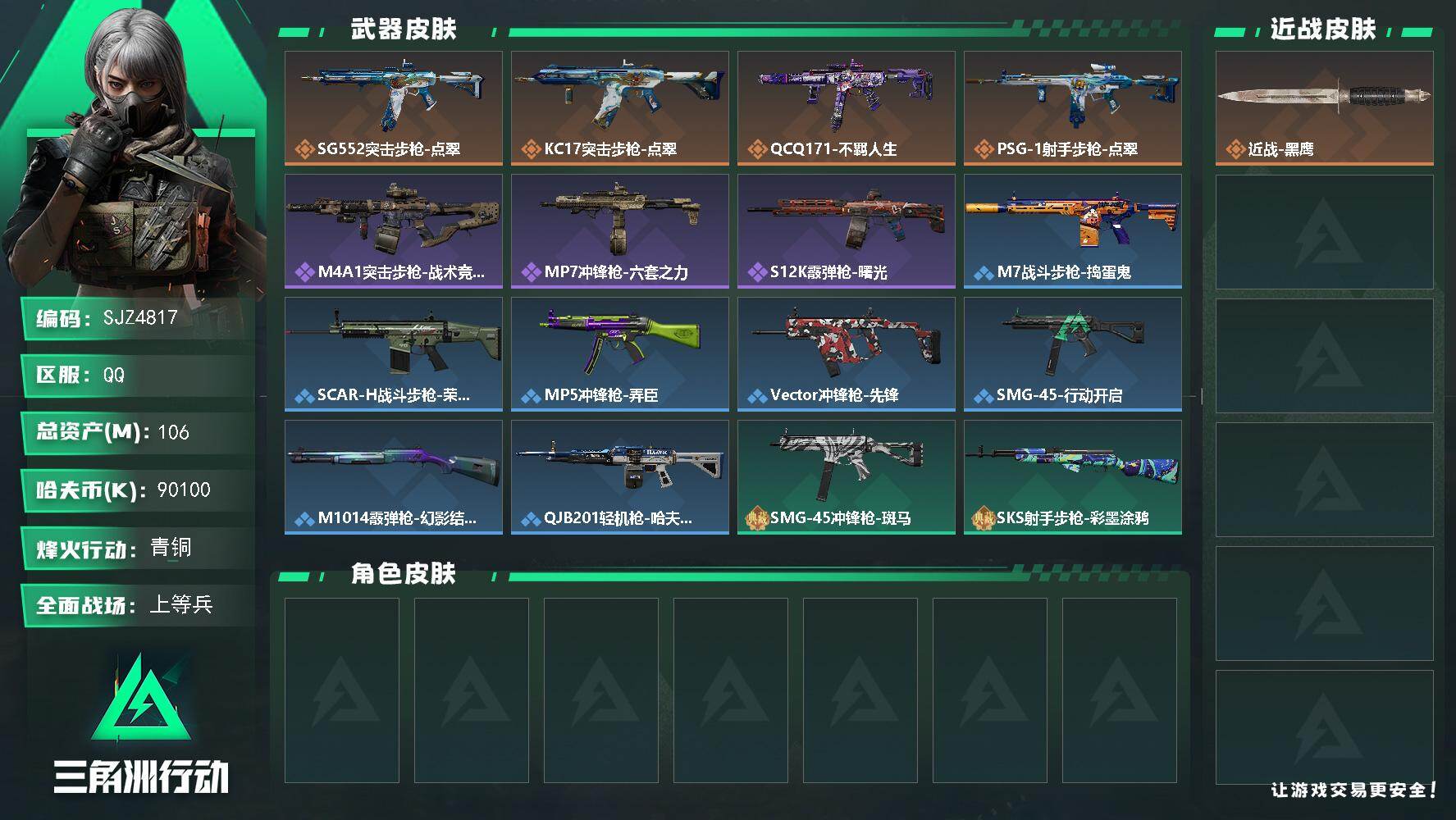 三角洲行动账号QQ【SJZ4817】总资产(M)：106M/哈夫币(K)：90100K/哈夫币(K)：90100K/传说枪皮数：4/全面战场等级：14_段位：上等兵/烽火地带等级：60_段位：青铜/近战-黑鹰/SG5