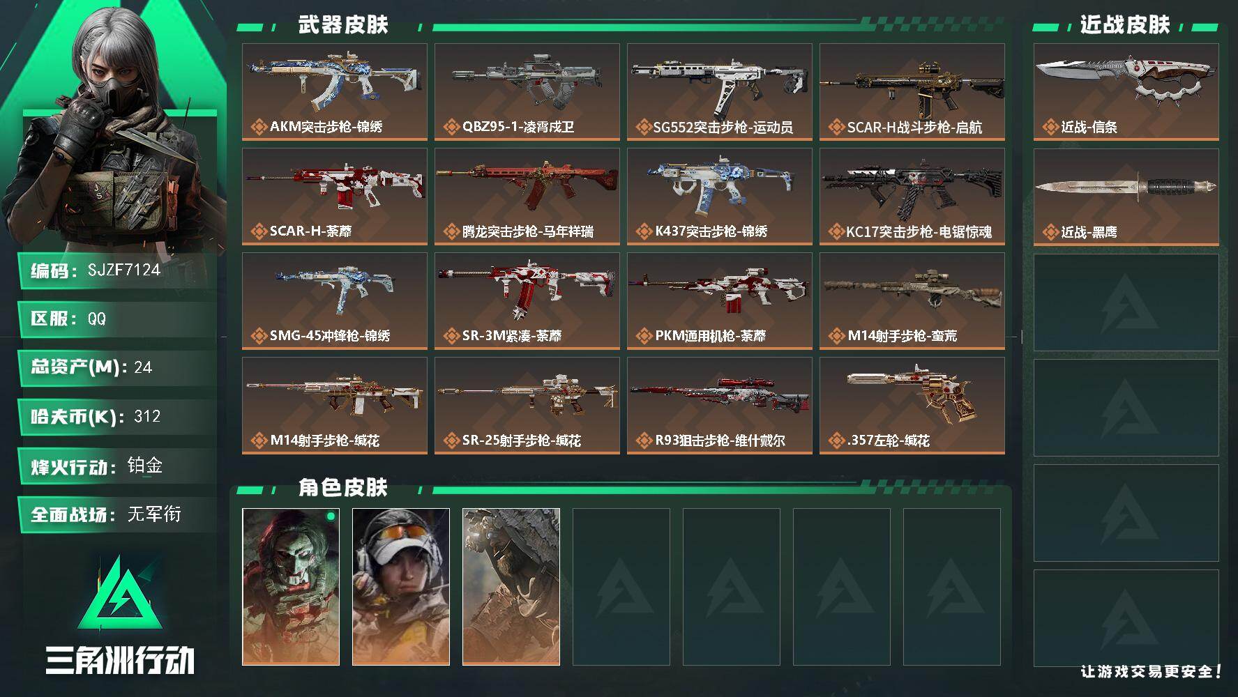 三角洲行动账号QQ【SJZF7124】总资产(M)：24M/哈夫币(K)：312K/哈夫币(K)：312K/传说枪皮数：17/全面战场等级：4_段位：无段位/烽火地带等级：60_段位：铂金/红狼-电锯惊魂/露娜-金牌