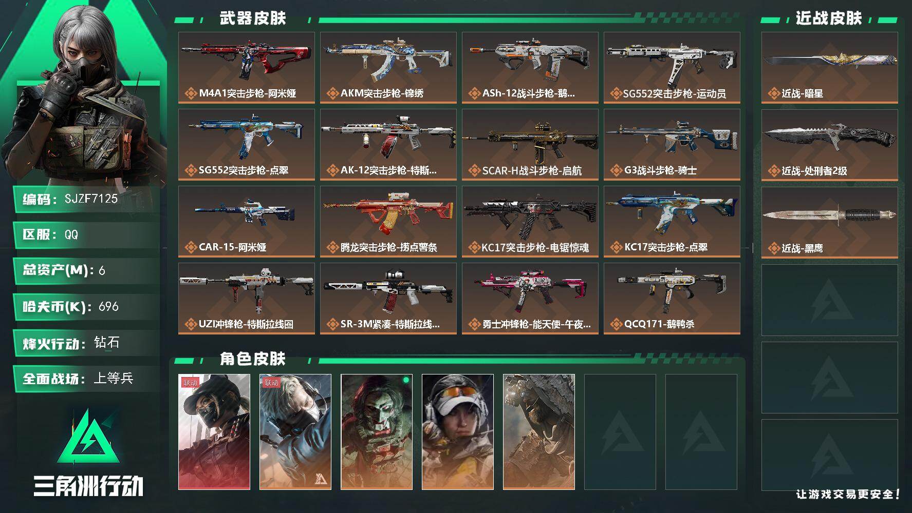 三角洲行动账号QQ【SJZF7125】总资产(M)：6M/哈夫币(K)：696K/哈夫币(K)：696K/传说枪皮数：