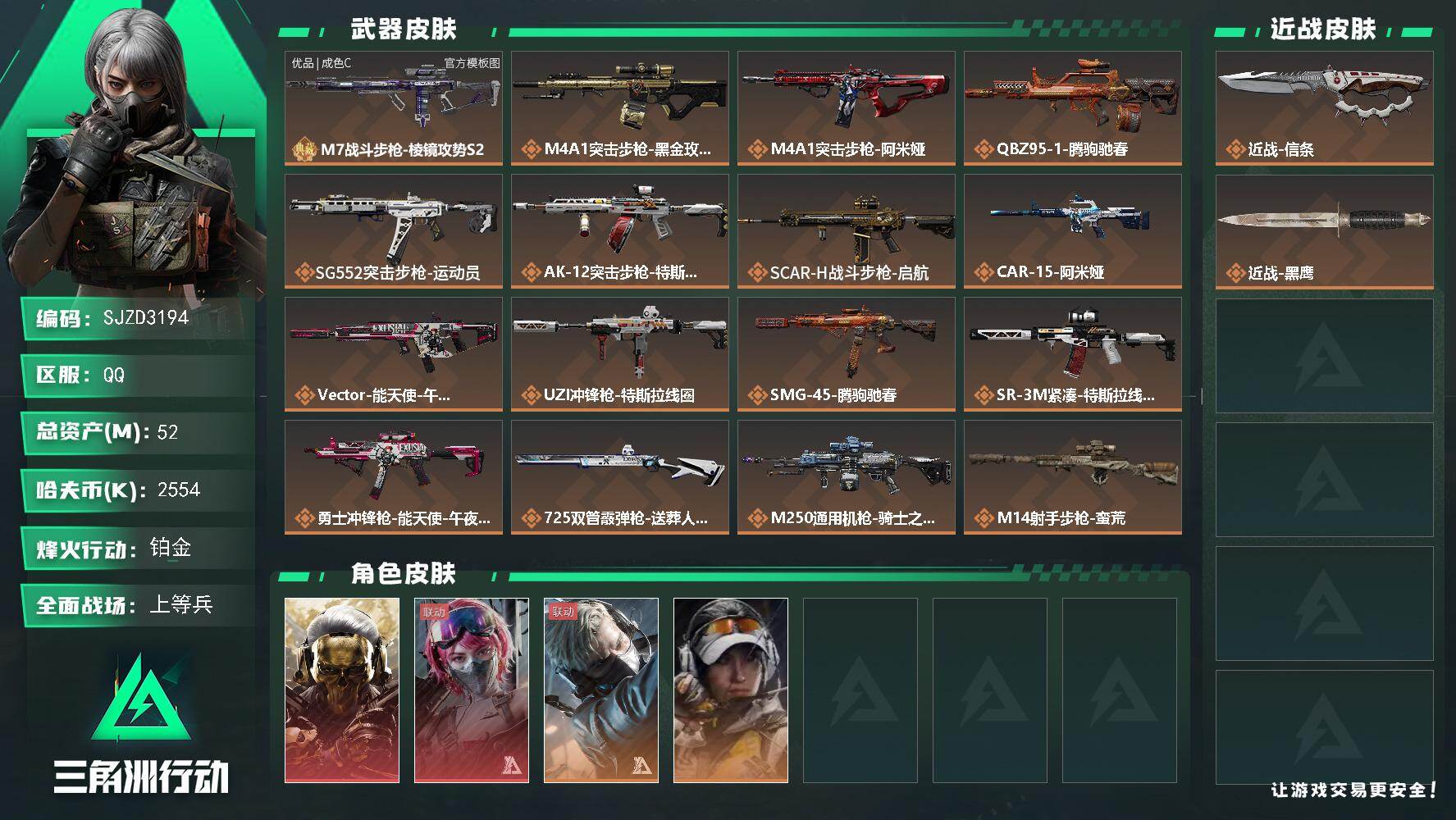 三角洲行动账号QQ【SJZD3194】总资产(M)：52M/哈夫币(K)：2554K/哈夫币(K)：2554K/传说枪皮数：16/全面战场等级：44_段位：上等兵/烽火地带等级：60_段位：铂金/红狼-蚀金玫瑰/蛊-