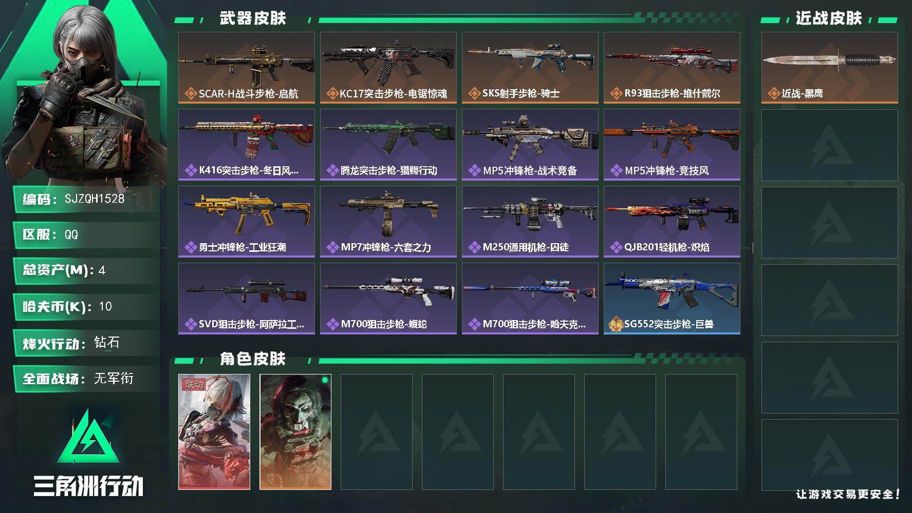 三角洲行动账号QQ【SJZQH1528】总资产(M)：4M/哈夫币(K)：10K/哈夫币(K)：10K/传说枪皮数：4/全面战场等级：1_段位：无段位/烽火地带等级：60_段位：钻石/骇爪-维什戴尔/红狼-电锯惊魂/