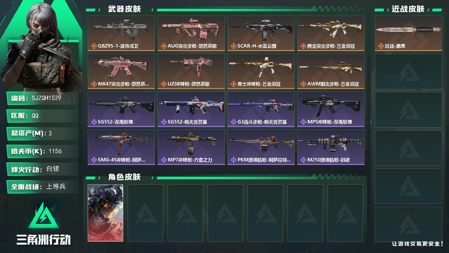 三角洲行动账号QQ【SJZQH1529】总资产(M)：3M/哈夫币(K)：1156K/哈夫币(K)：1156K/传说枪皮数：8/全面战场等级：18_段位：上等兵/烽火地带等级：41_段位：白银/威龙-凌霄戍卫/近战-