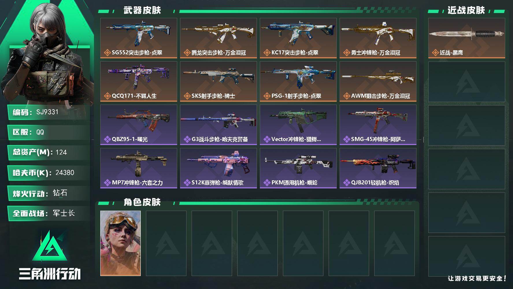 三角洲行动账号QQ【SJ9331】总资产(M)：124M/哈夫币(K)：24380K/哈夫币(K)：24380K/传说