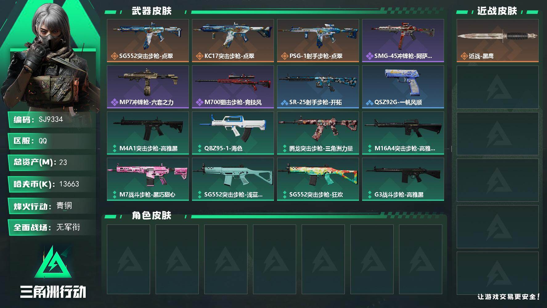 三角洲行动账号QQ【SJ9334】总资产(M)：23M/哈夫币(K)：13663K/哈夫币(K)：13663K/传说枪皮数：3/全面战场等级：1_段位：无段位/烽火地带等级：26_段位：青铜/近战-黑鹰/SG552突