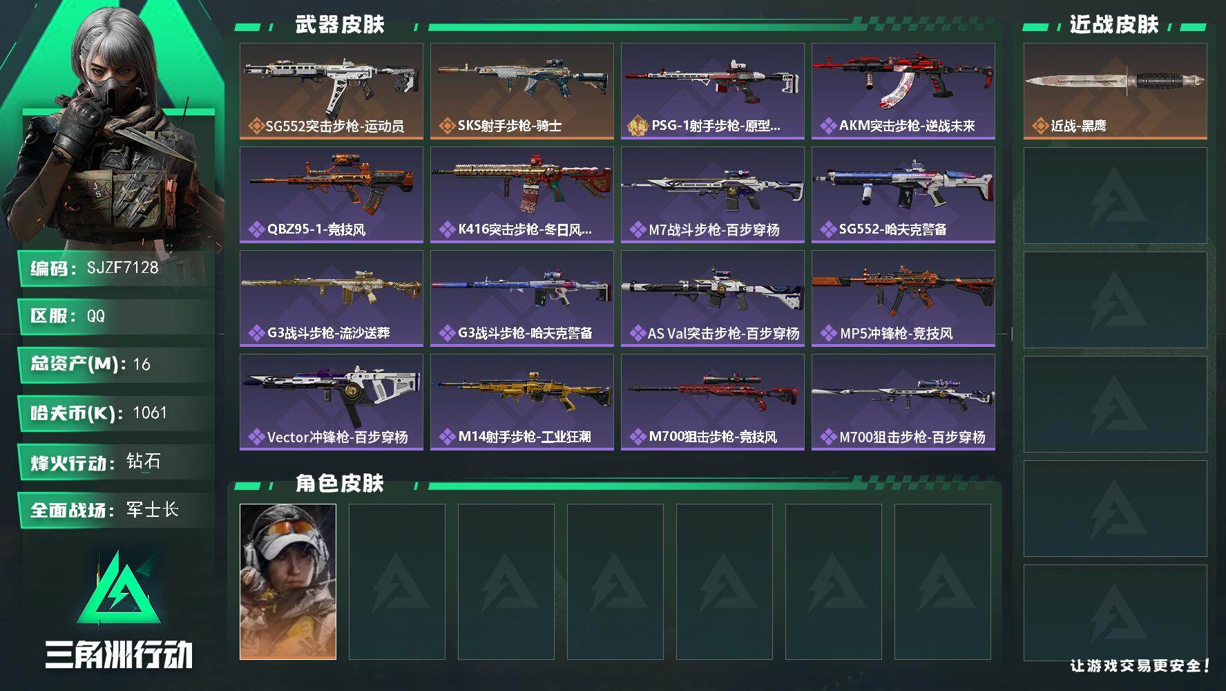 三角洲行动账号QQ【SJZF7128】总资产(M)：16M/哈夫币(K)：1061K/哈夫币(K)：1061K/传说枪皮数：2/全面战场等级：41_段位：军士长/烽火地带等级：60_段位：钻石/露娜-金牌射手/近战-