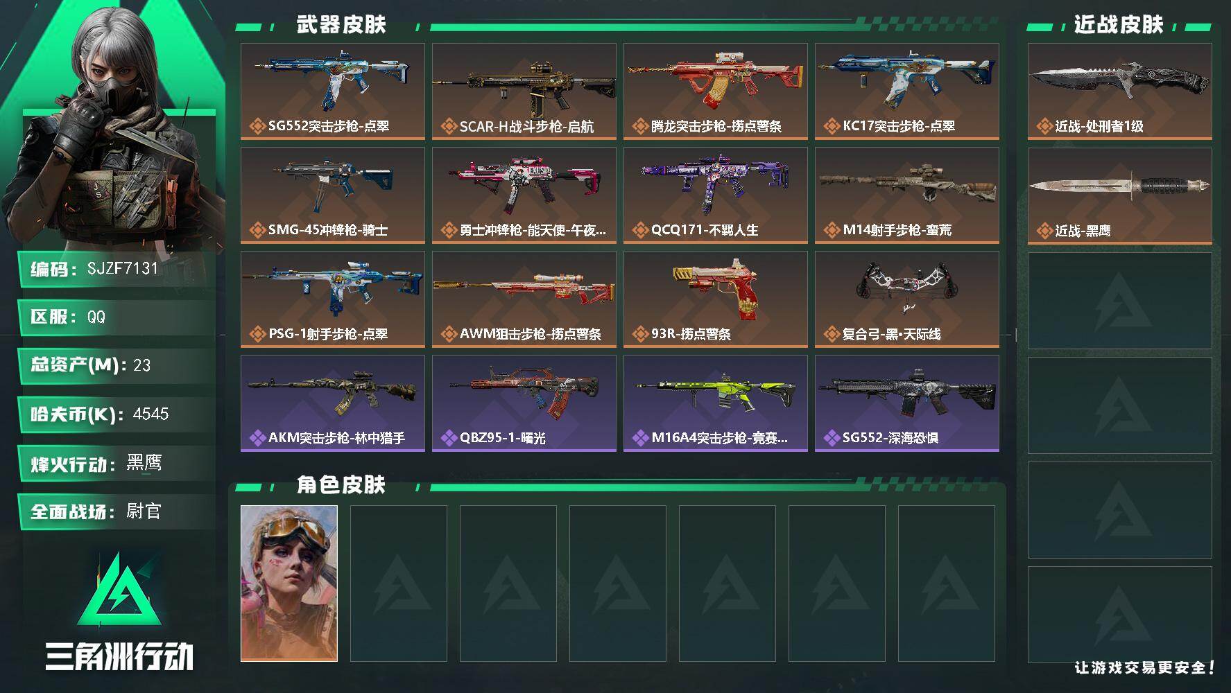 三角洲行动账号QQ【SJZF7131】总资产(M)：23M/哈夫币(K)：4545K/哈夫币(K)：4545K/传说枪皮数：12/全面战场等级：37_段位：尉官/烽火地带等级：60_段位：黑鹰/蛊-不羁人生/近战-处