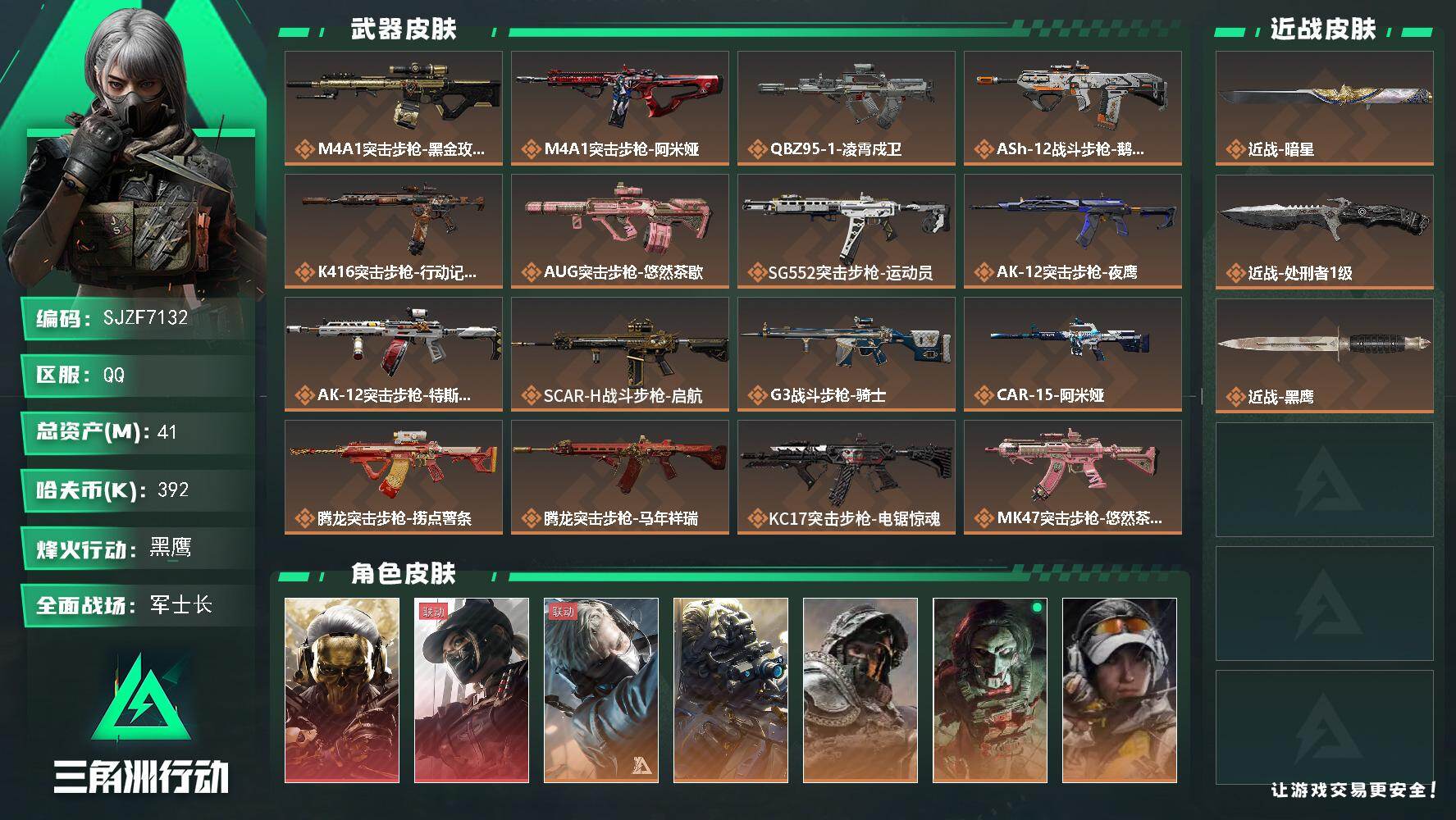三角洲行动账号QQ【SJZF7132】总资产(M)：41M/哈夫币(K)：392K/哈夫币(K)：392K/传说枪皮数：38/全面战场等级：50_段位：军士长/烽火地带等级：60_段位：黑鹰/红狼-蚀金玫瑰/露娜-黑