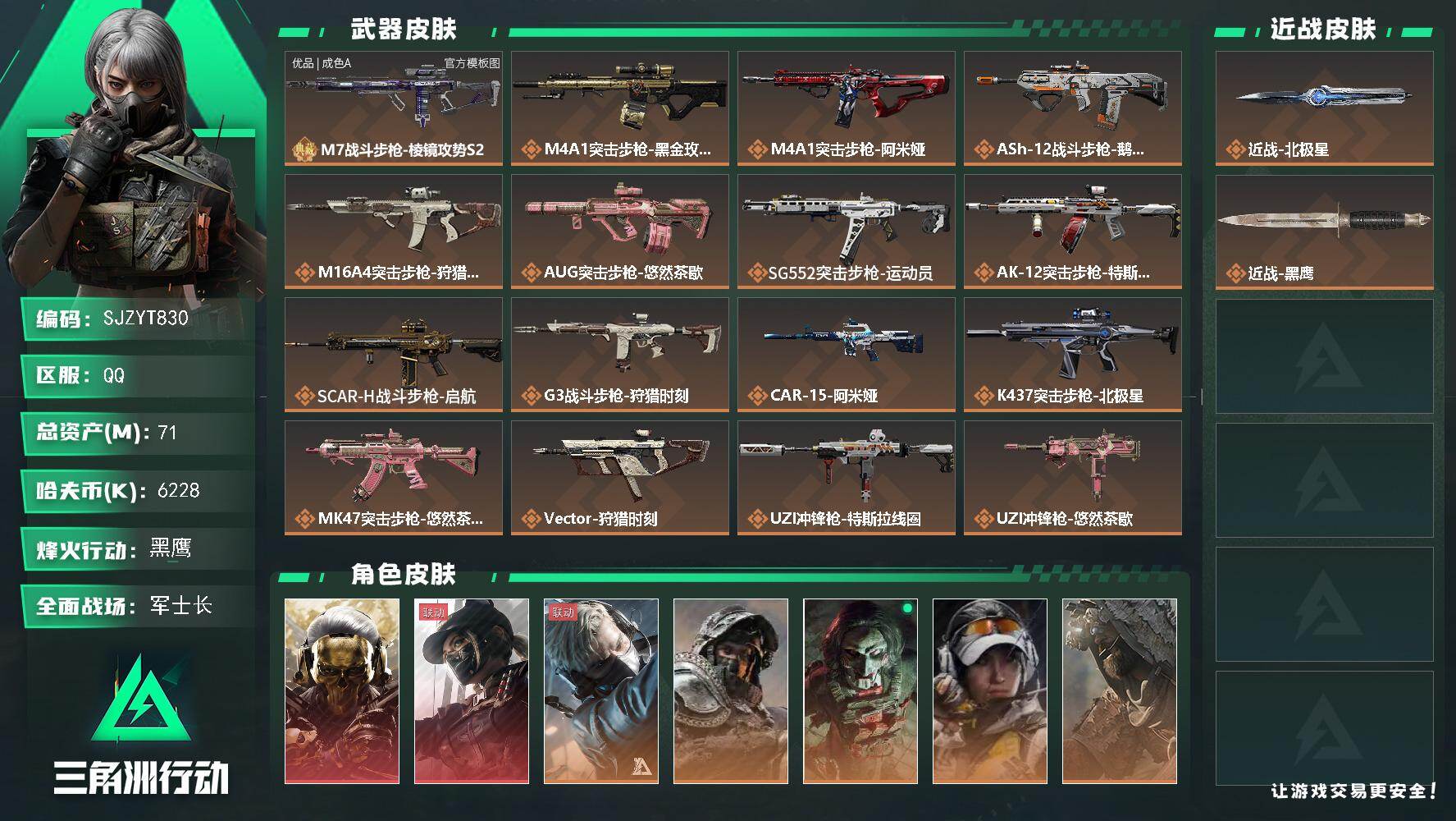 三角洲行动账号QQ账号(互通)【SJZYT830】总资产(M)：71M/哈夫币(K)：6228K/哈夫币(K)：6228K/传说枪皮数：29/全面战场等级：32_段位：军士长/烽火地带等级：60_段位：黑鹰/红狼-蚀金玫瑰/露娜