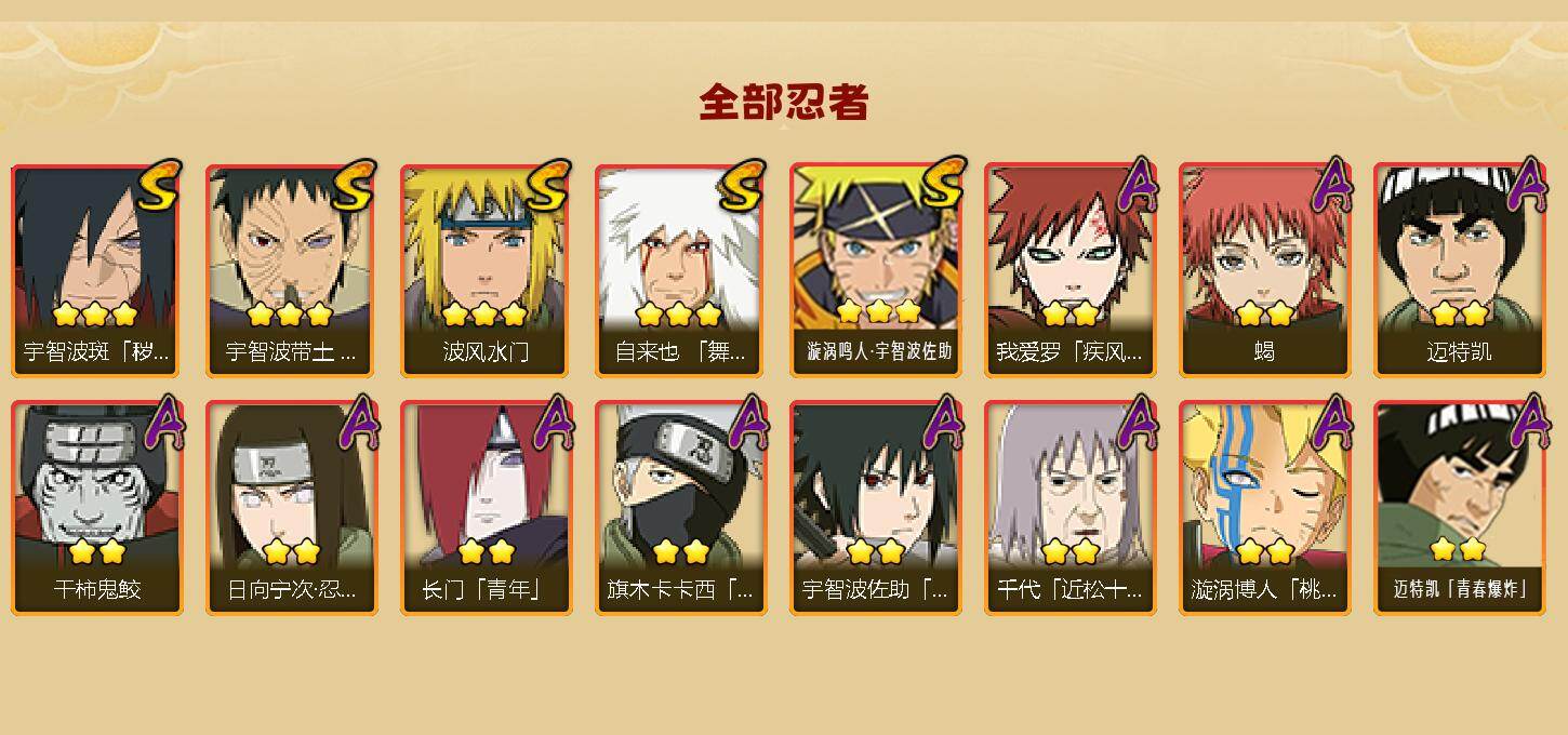 【HYYT404】V1/战力274W/S忍5/A忍11/自来也「舞之豪杰」/日向宁次「忍界大战」/旗木卡卡西「忍界大战」/我爱罗「疾风传」/长门「青年」/迈特凯/宇智波带土「忍界大战」/蝎/3星漩涡