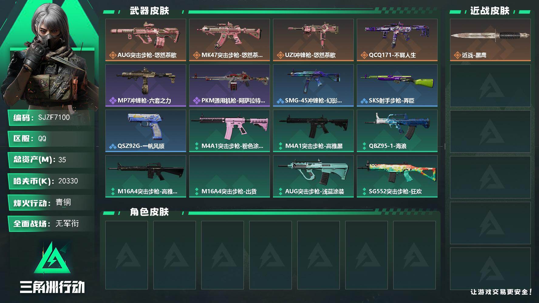 三角洲行动账号QQ【SJZF7100】总资产(M)：35M/哈夫币(K)：20330K/哈夫币(K)：20330K/传说枪皮数：4/全面战场等级：1_段位：无段位/烽火地带等级：60_段位：青铜/近战-黑鹰/AUG突