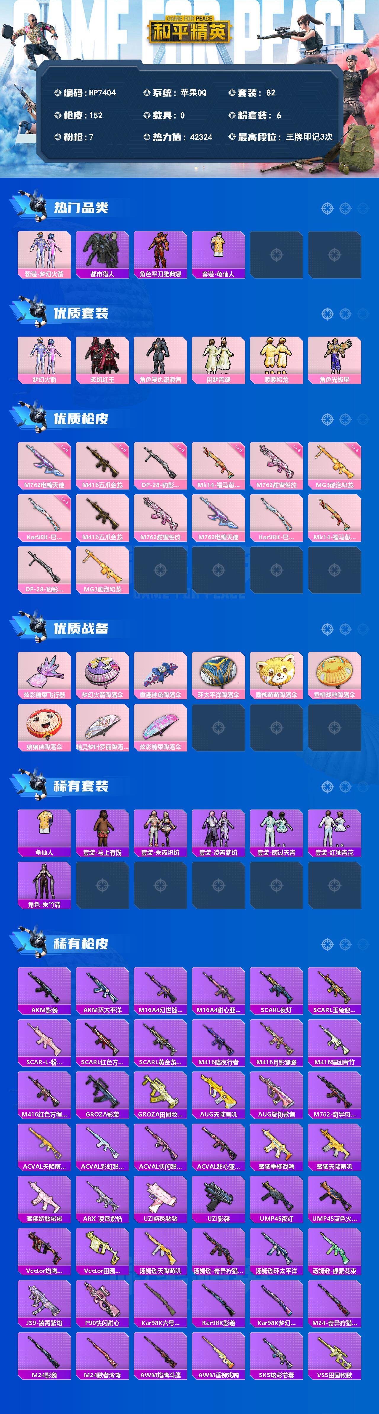 和平精英账号苹果QQ0载具-82套装-152枪皮-公主号-地铁满天赋-火箭少女/都市/军刀雅典娜/炙焰红王/复仇流浪者/闲梦青缨/暖暖奶龙/光极星/M4五爪金龙五级/M762甜蜜誓约四级/M762电糖天使六级/MG3酷泡