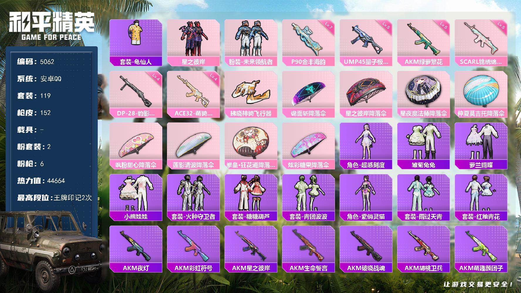 和平精英账号安卓QQ119套装/枪械6/装备151/战备89/王牌印记2/热力值44664/五级AKM-绿萝繁花/五级S