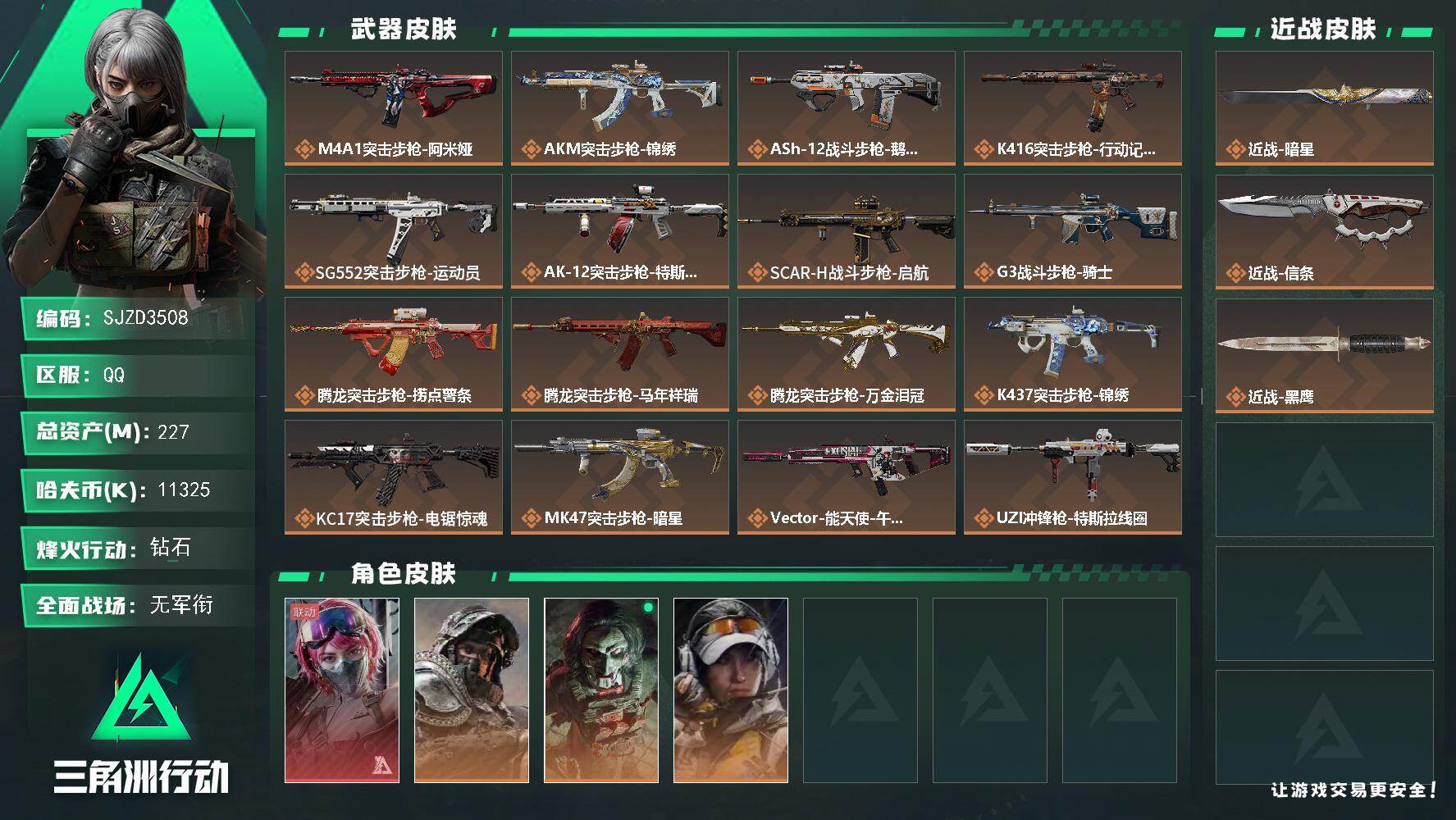 三角洲行动账号QQ【SJZD3508】总资产(M)：227M/哈夫币(K)：11325K/哈夫币(K)：11325K/传说枪皮数：30/全面战场等级：3_段位：无段位/烽火地带等级：60_段位：钻石/蛊-能天使午夜邮