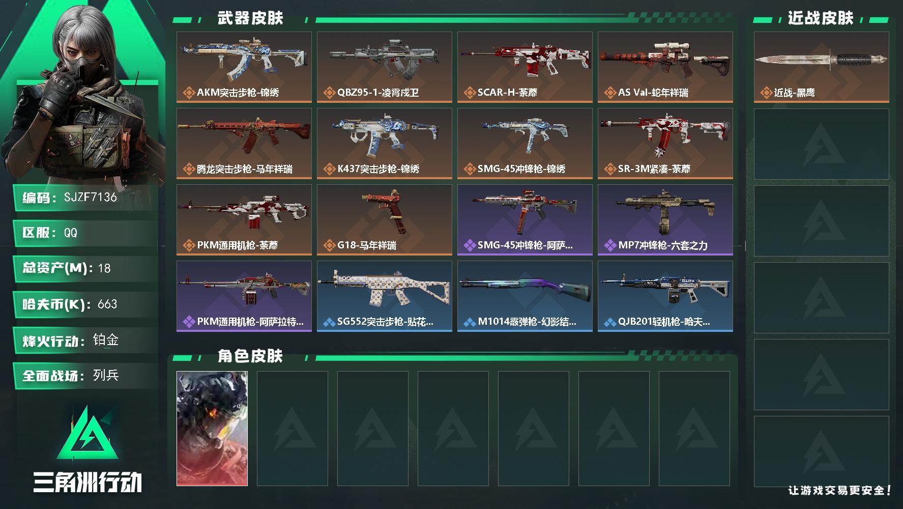 三角洲行动账号QQ【SJZF7136】总资产(M)：18M/哈夫币(K)：663K/哈夫币(K)：663K/传说枪皮数：10/全面战场等级：12_段位：列兵/烽火地带等级：23_段位：铂金/威龙-凌霄戍卫/近战-黑鹰