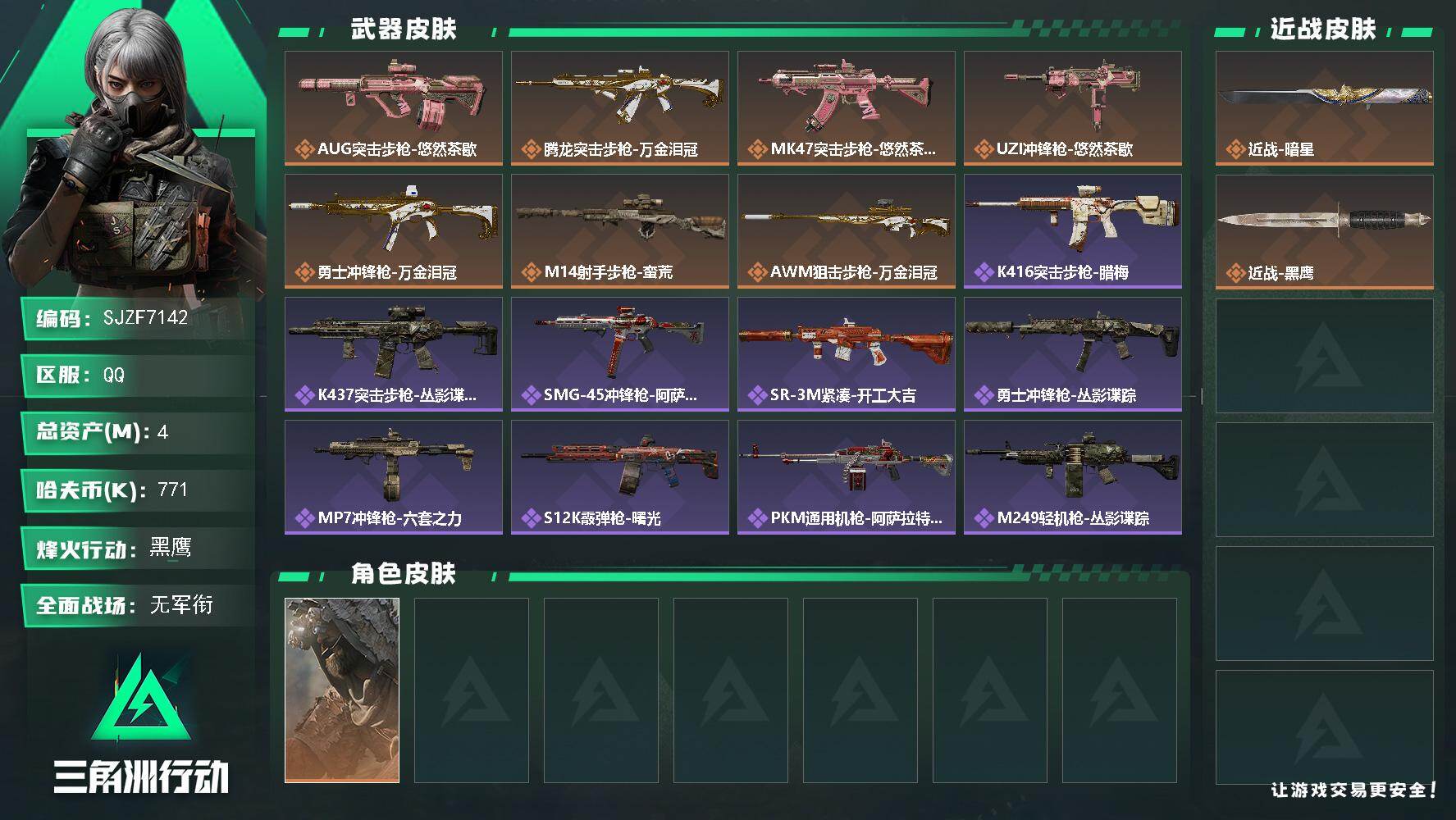 三角洲行动账号QQ【SJZF7142】总资产(M)：4M/哈夫币(K)：771K/哈夫币(K)：771K/传说枪皮数：7/全面战场等级：3_段位：无段位/烽火地带等级：60_段位：黑鹰/乌鲁鲁-荒原猎手/近战-暗星/