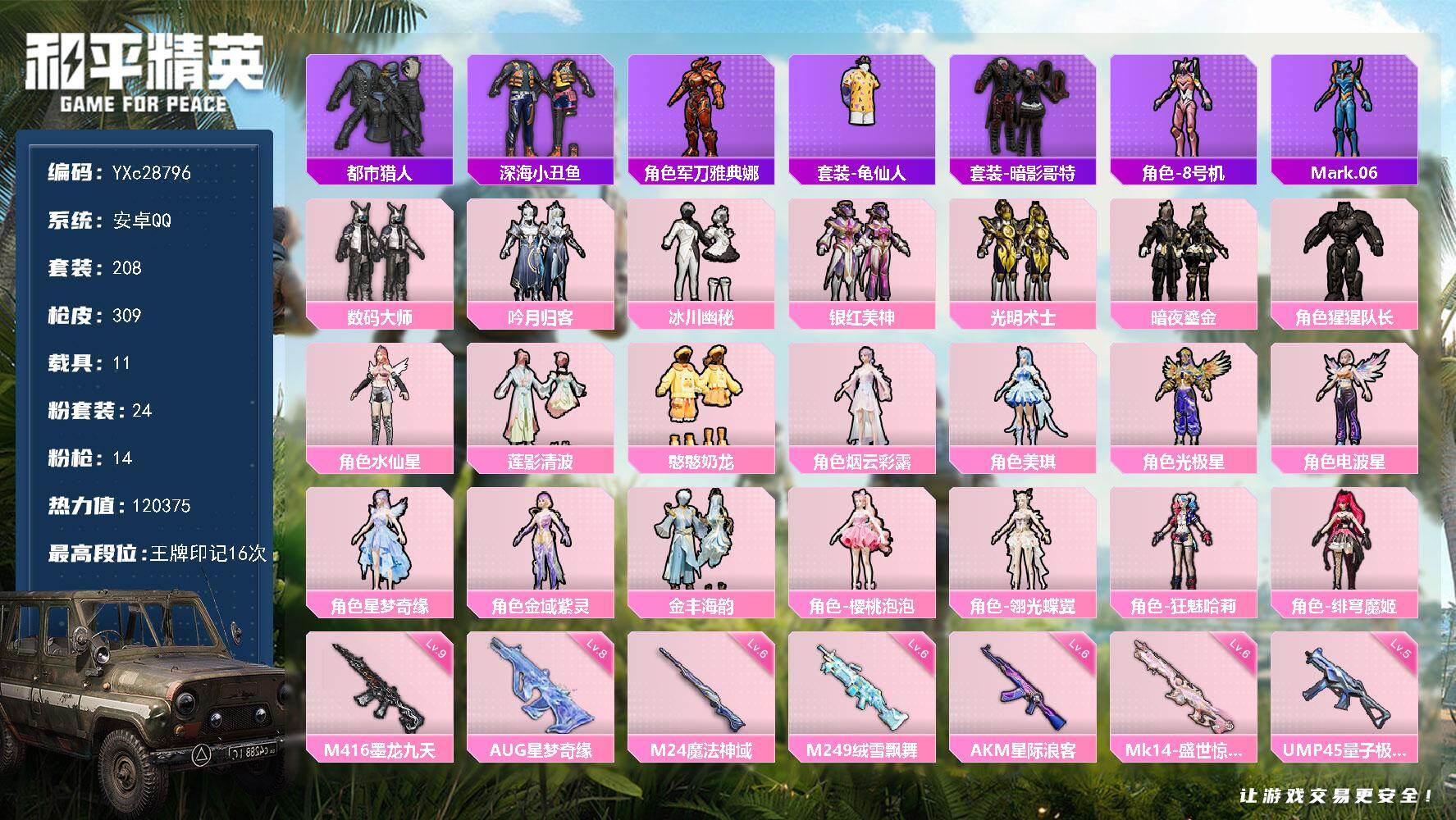 和平精英账号安卓QQ【都市 满级M4墨龙 8级AUG星梦 6级MK14盛世  6级M24魔法 仓库1升级枪械徽章 地铁2