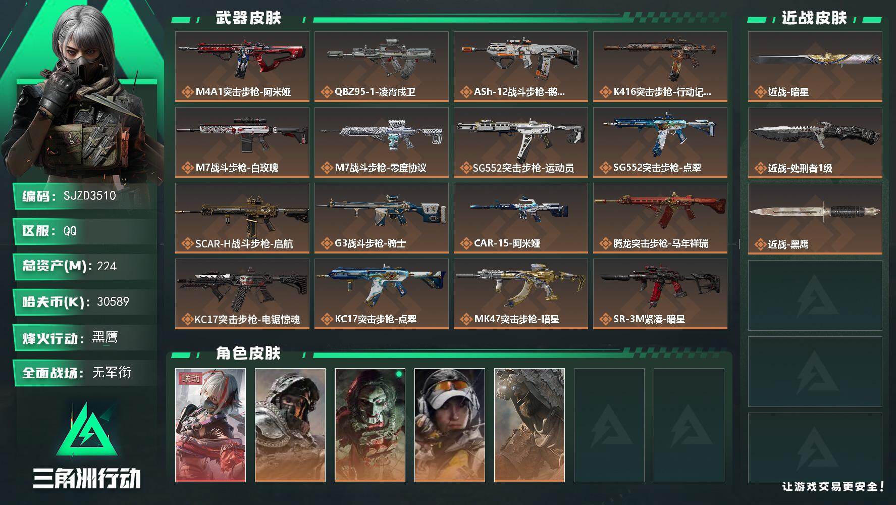 三角洲行动账号QQ【SJZD3510】总资产(M)：224M/哈夫币(K)：30589K/哈夫币(K)：30589K/