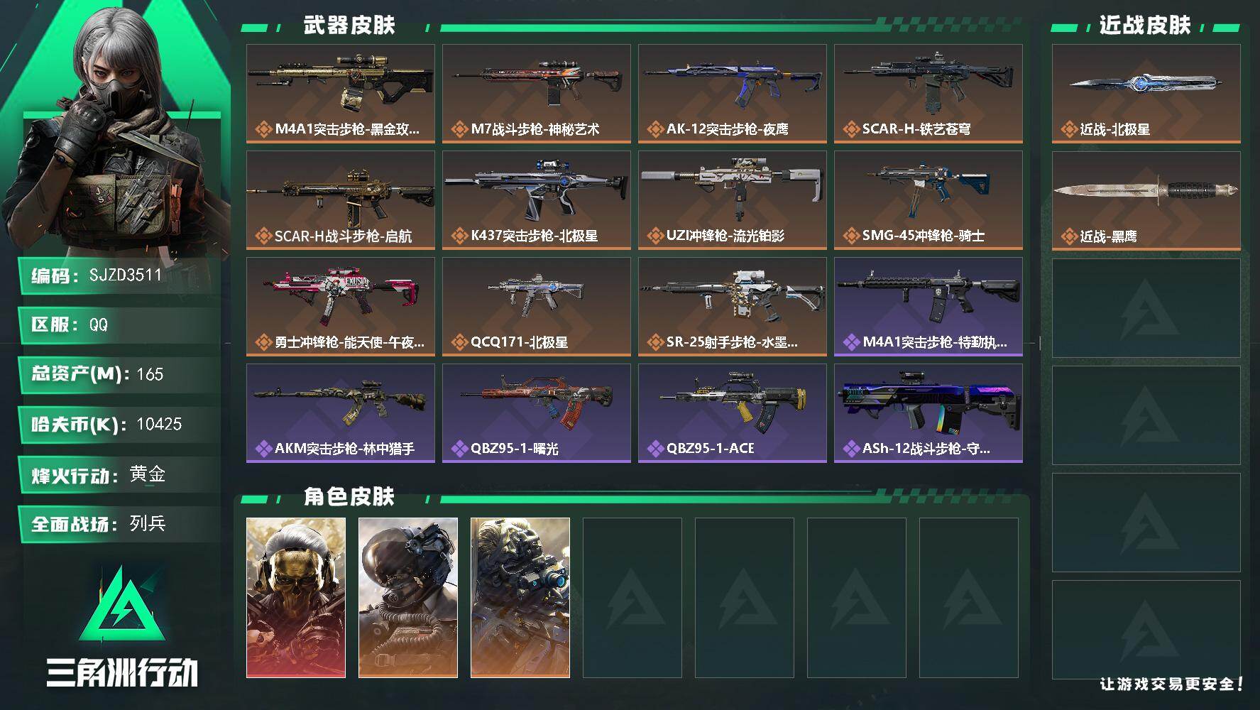 三角洲行动账号QQ【SJZD3511】总资产(M)：165M/哈夫币(K)：10425K/哈夫币(K)：10425K/传说枪皮数：11/全面战场等级：28_段位：列兵/烽火地带等级：60_段位：黄金/红狼-蚀金玫瑰/