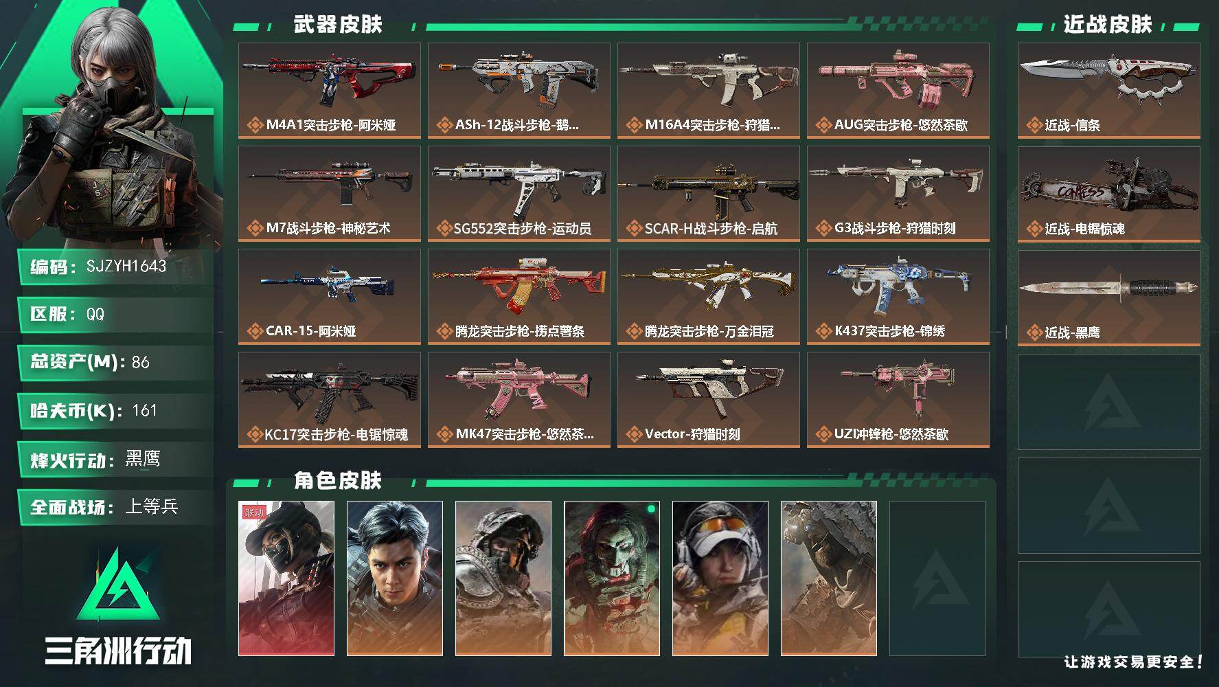 三角洲行动账号QQ【SJZYH1643】总资产(M)：86M/哈夫币(K)：161K/哈夫币(K)：161K/传说枪皮