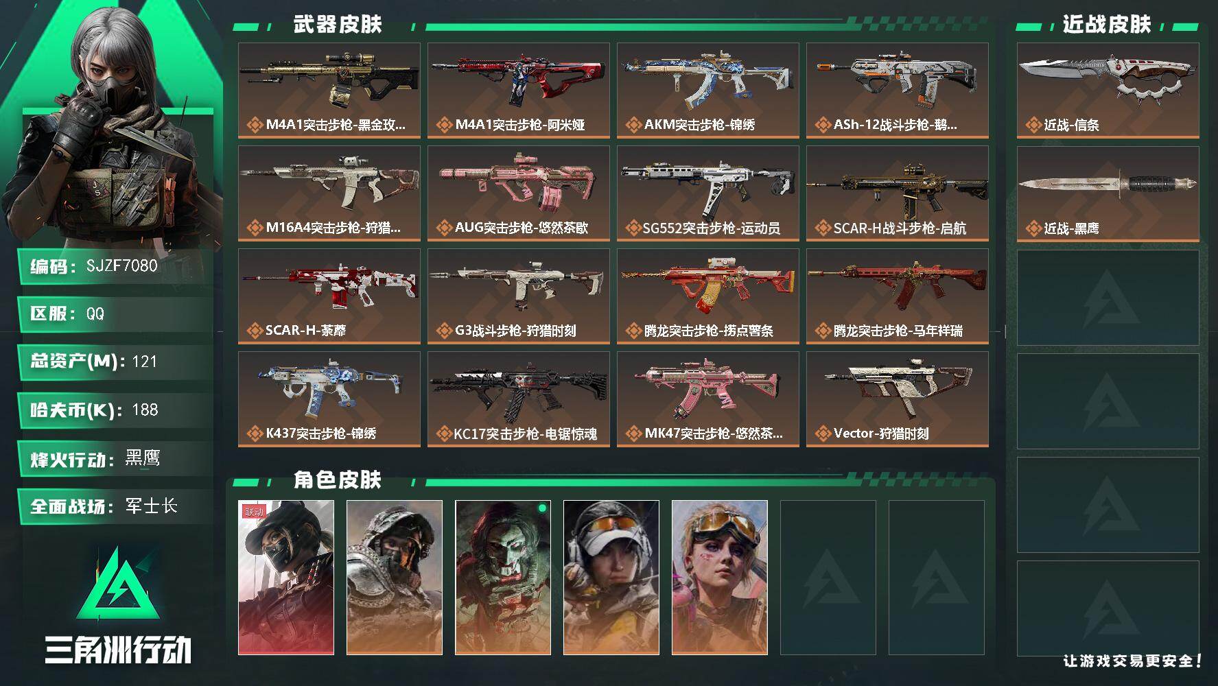 三角洲行动账号QQ【SJZF7080】总资产(M)：121M/哈夫币(K)：188K/哈夫币(K)：188K/传说枪皮