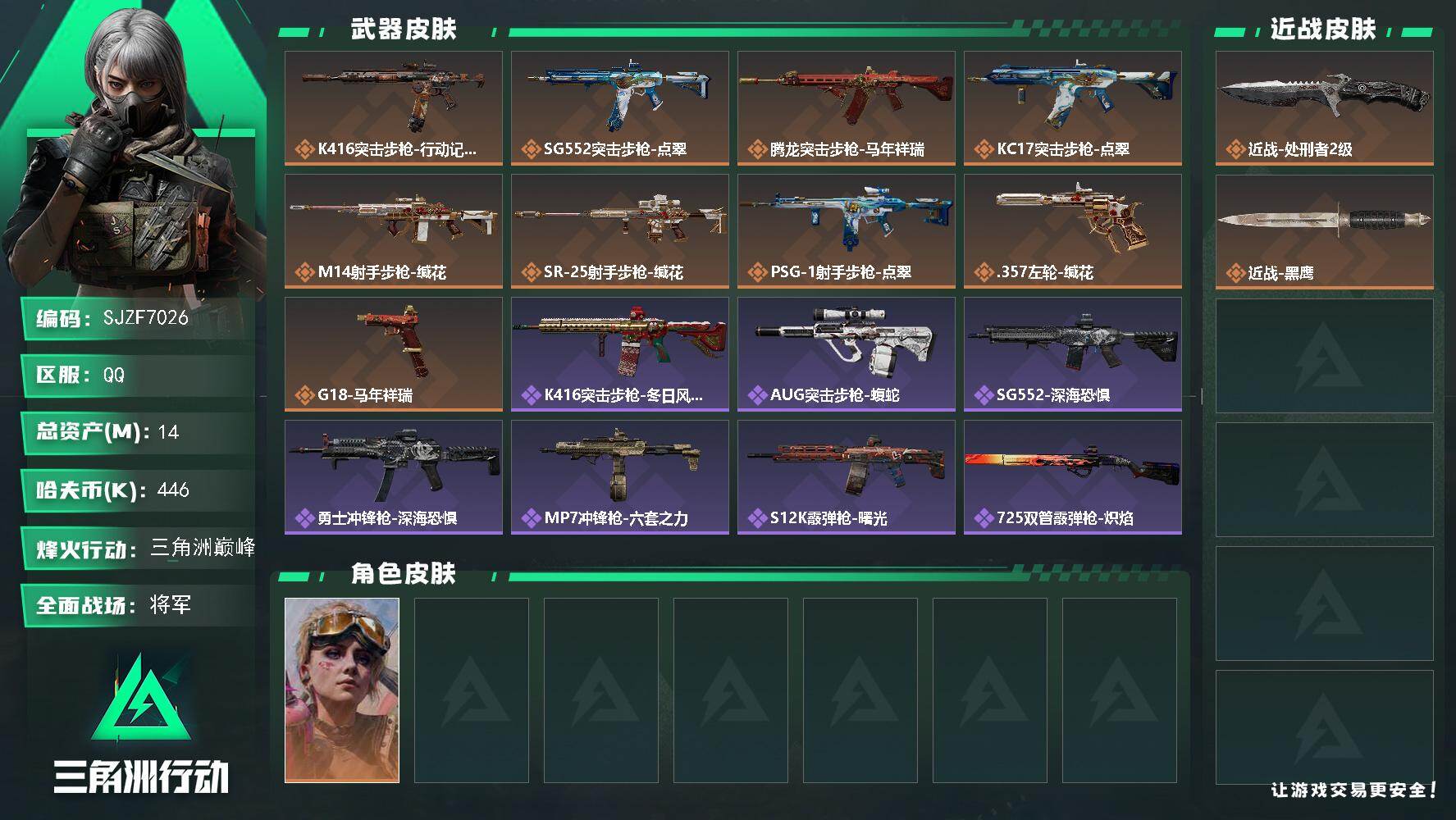 三角洲行动账号QQ【SJZF7026】总资产(M)：14M/哈夫币(K)：446K/哈夫币(K)：446K/传说枪皮数：9/全面战场等级：50_段位：将军/烽火地带等级：60_段位：三角洲巅峰/蛊-不羁人生/近战-处