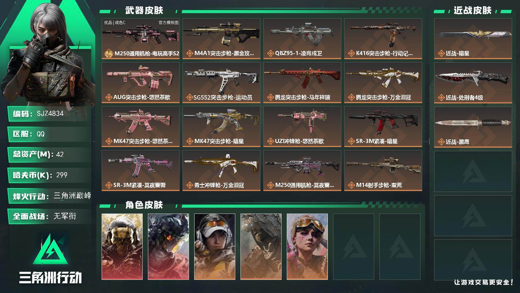 三角洲行动账号QQ【SJZ4834】总资产(M)：42M/哈夫币(K)：299K/哈夫币(K)：299K/传说枪皮数：