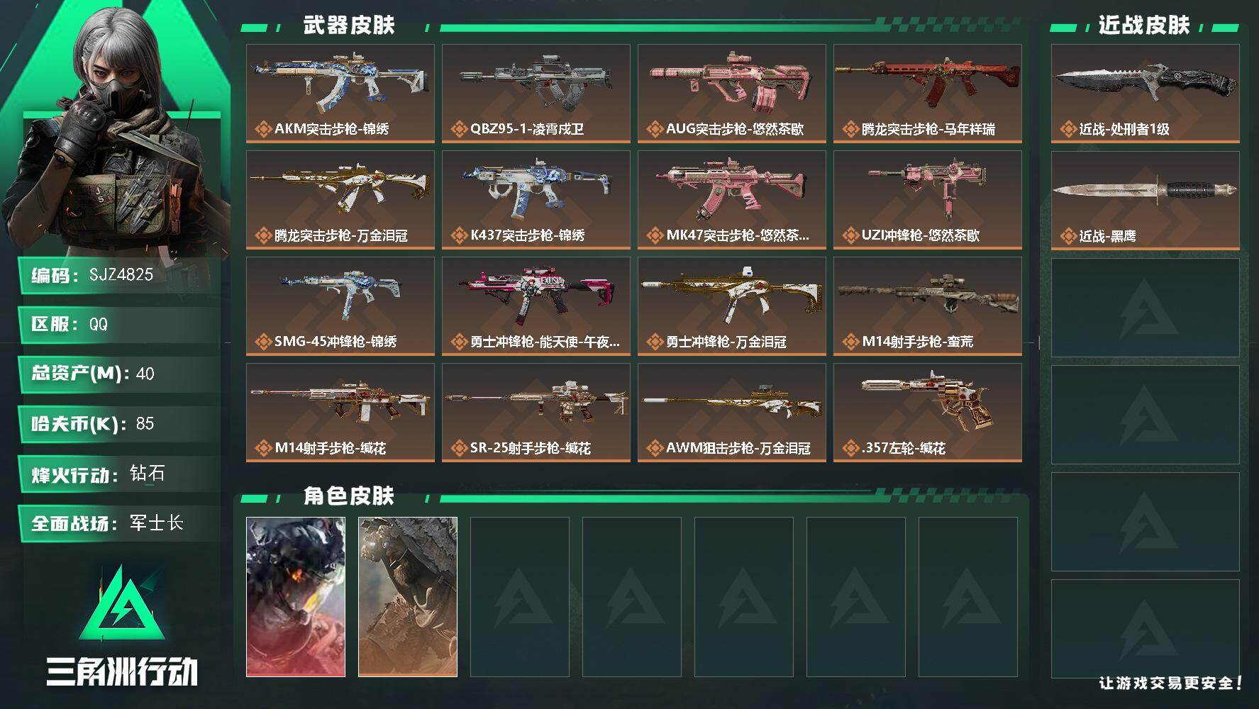 三角洲行动账号QQ【SJZ4825】总资产(M)：40M/哈夫币(K)：85K/哈夫币(K)：85K/传说枪皮数：17/全面战场等级：24_段位：军士长/烽火地带等级：60_段位：钻石/威龙-凌霄戍卫/乌鲁鲁-荒原猎