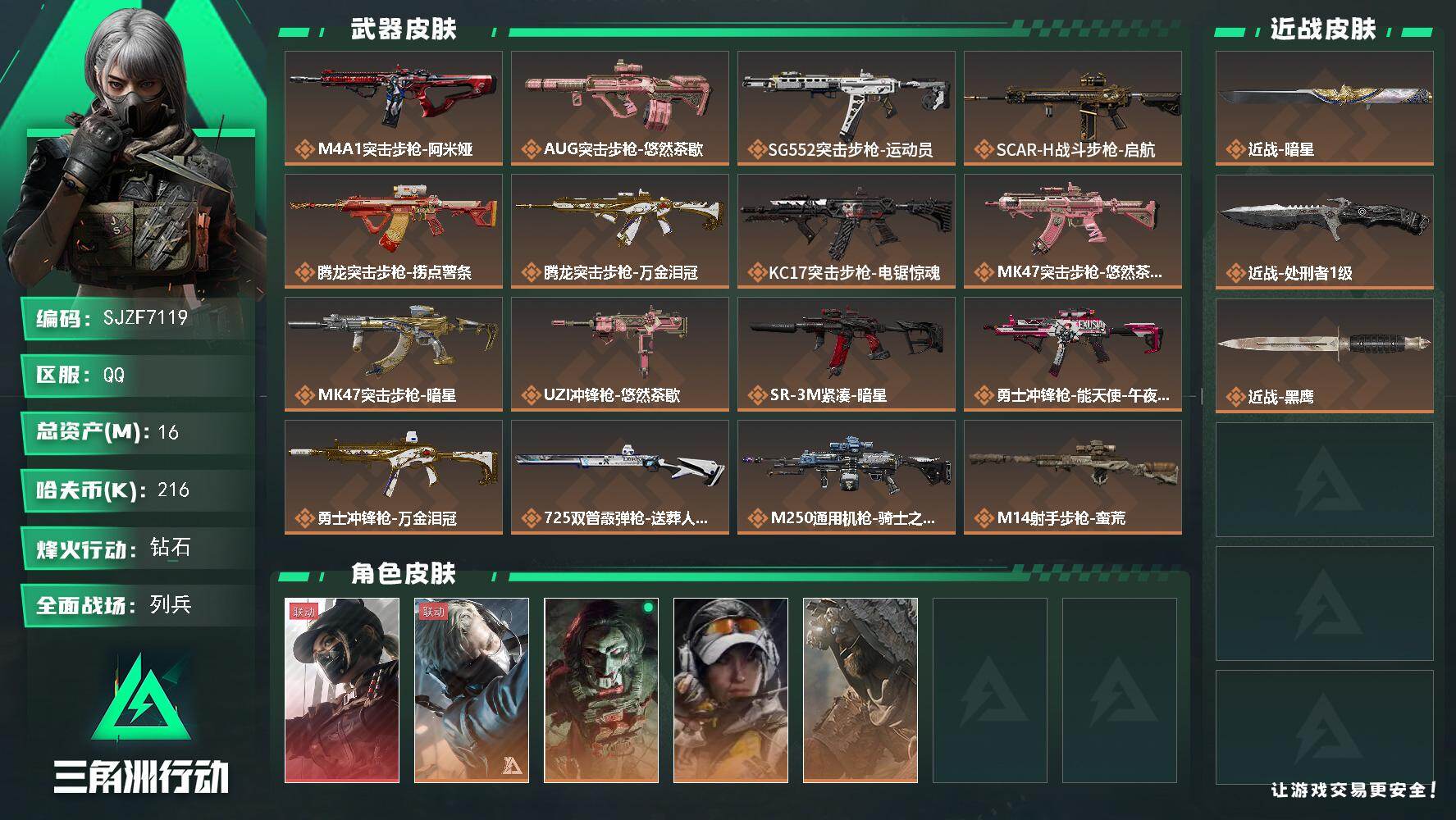 三角洲行动账号QQ【SJZF7119】总资产(M)：16M/哈夫币(K)：216K/哈夫币(K)：216K/传说枪皮数：23/全面战场等级：22_段位：列兵/烽火地带等级：60_段位：钻石/露娜-黑·天际线/蜂医-送